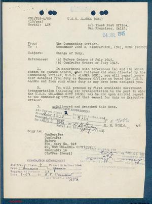 Primary view of object titled 'USS Alaska Change of Duty Report'.