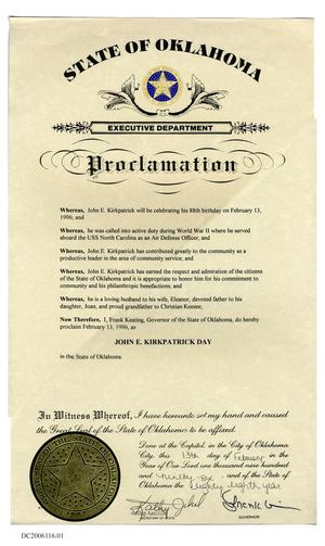 State of Oklahoma Proclamation John E Kirkpatrick Day