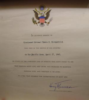 Memorial Certificate for Lieutenant Colonel Lewis S Kirkpatrick