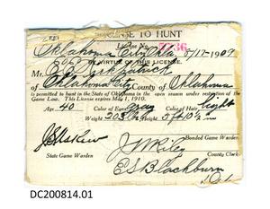 Primary view of object titled 'E E Kirkpatrick License to Hunt'.