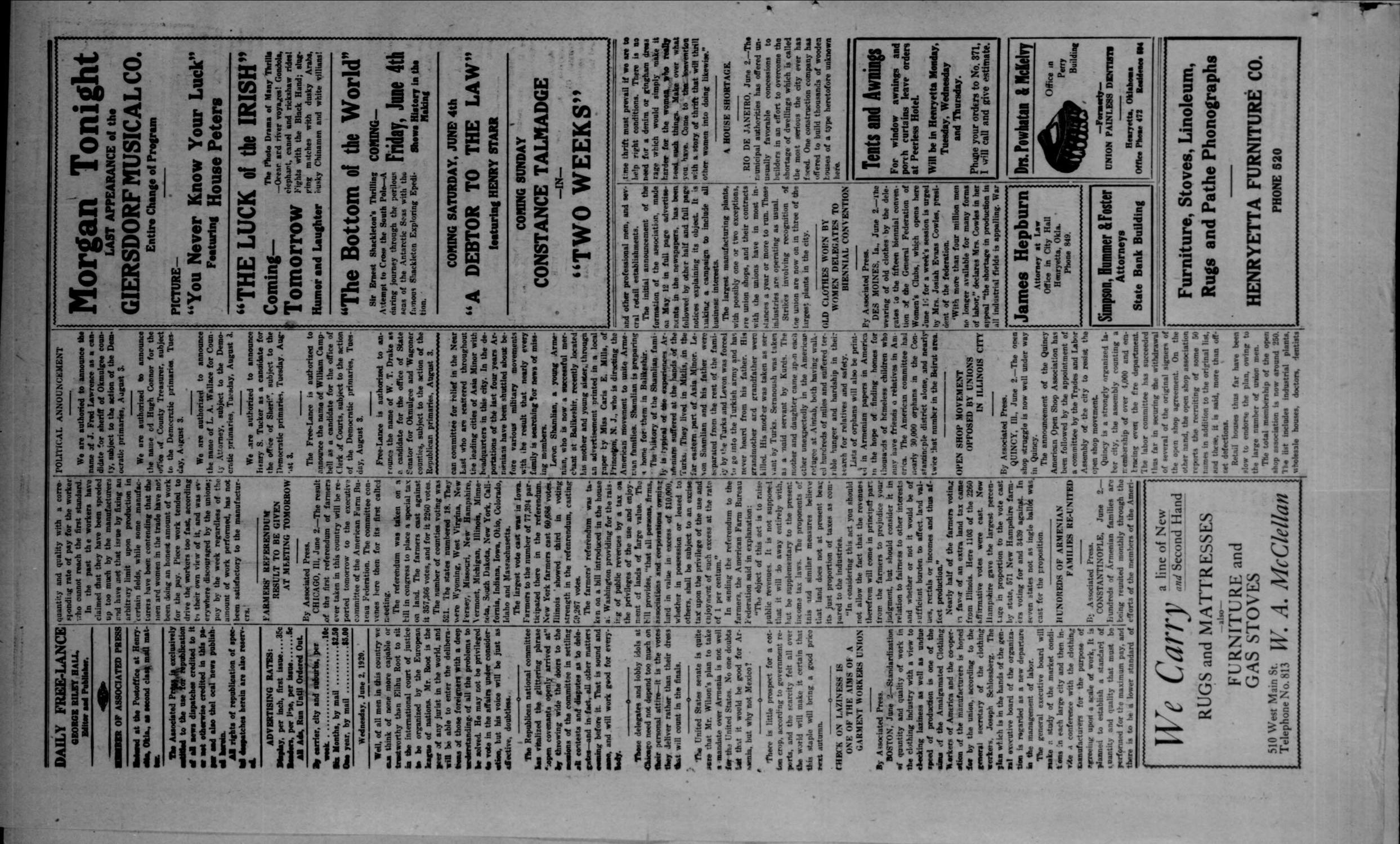 Daily Free-Lance (Henryetta, Okla.), Vol. 5, No. 101, Ed. 1 Wednesday, June 2, 1920
                                                
                                                    [Sequence #]: 2 of 4
                                                