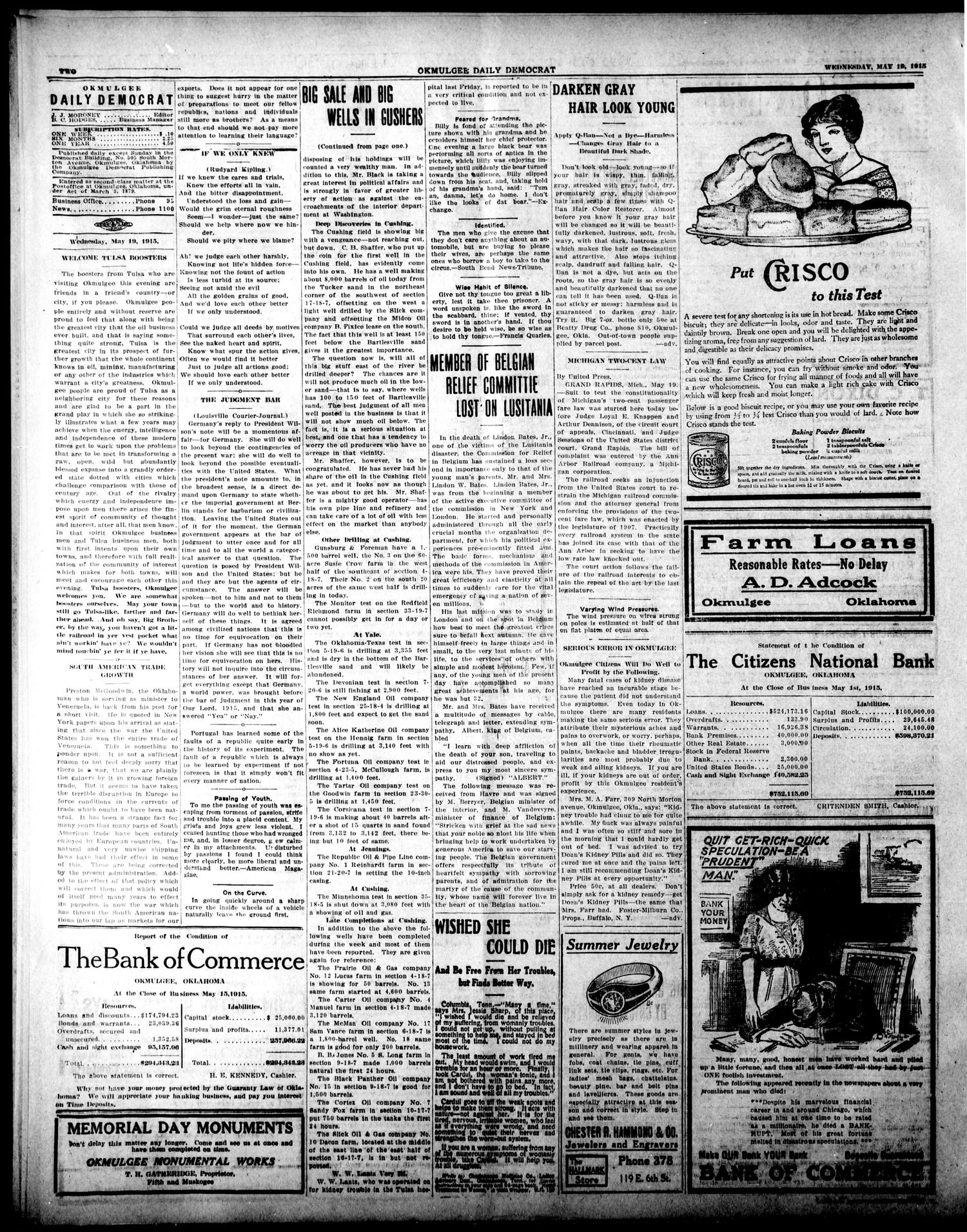 Okmulgee Daily Democrat (Okmulgee, Okla.), Vol. 6, No. 28, Ed. 1 Wednesday, May 19, 1915
                                                
                                                    [Sequence #]: 2 of 4
                                                