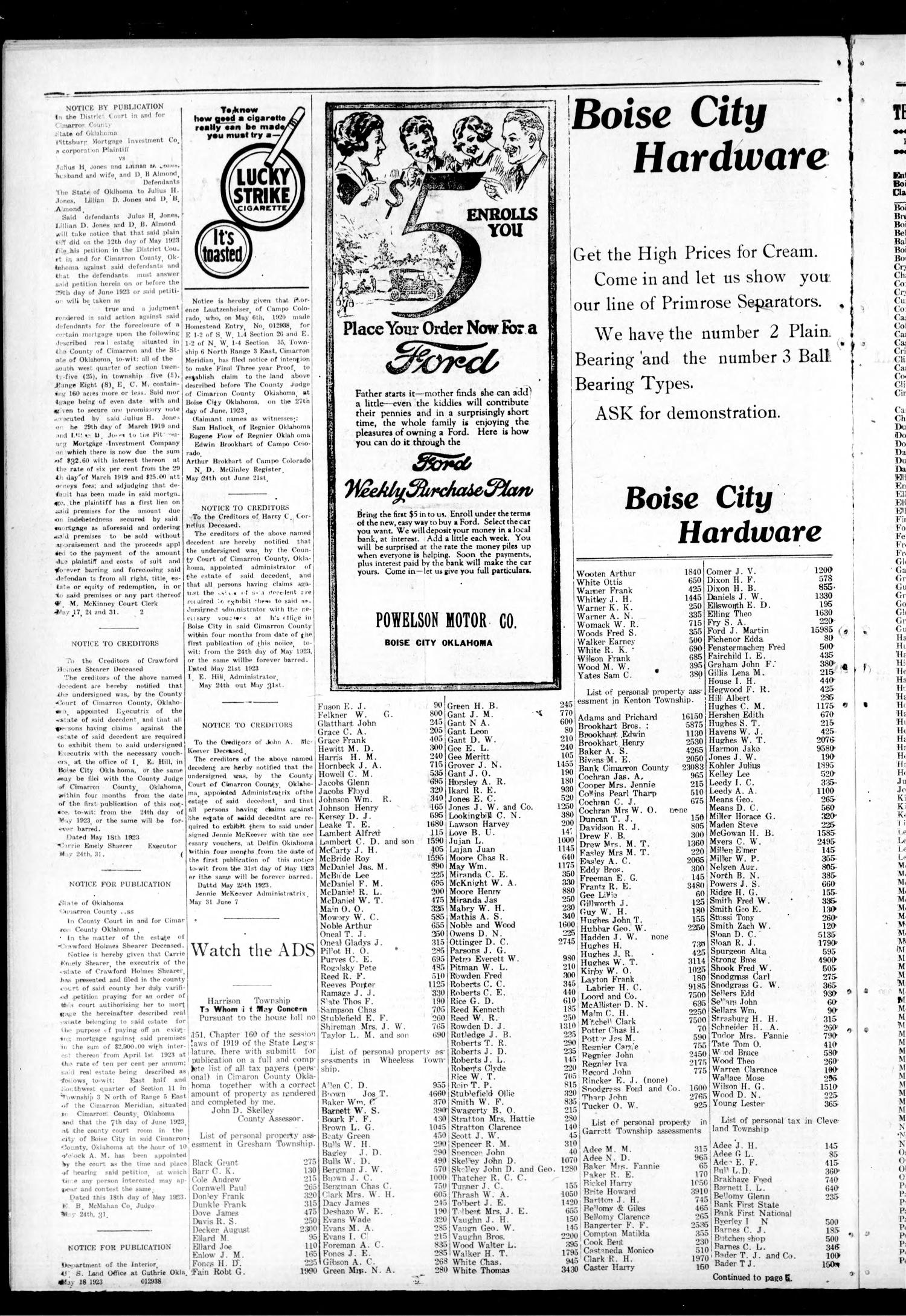 The Cimarron News. (Boise City, Okla.), Vol. 25, No. 44, Ed. 1 Thursday, May 31, 1923
                                                
                                                    [Sequence #]: 4 of 8
                                                
