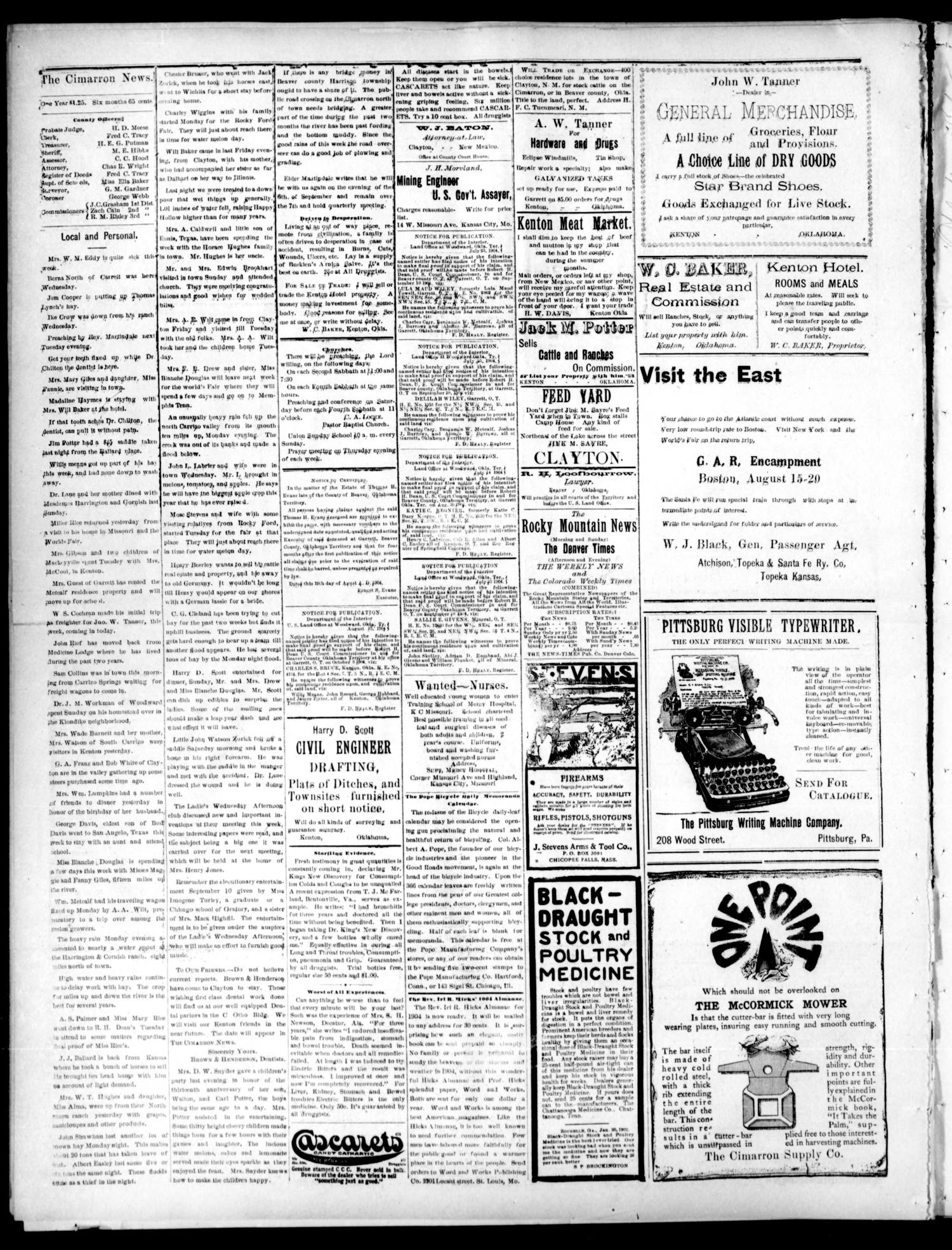 The Cimarron News. (Kenton, Okla.), Vol. 7, No. 5, Ed. 1 Friday, September 2, 1904
                                                
                                                    [Sequence #]: 4 of 4
                                                