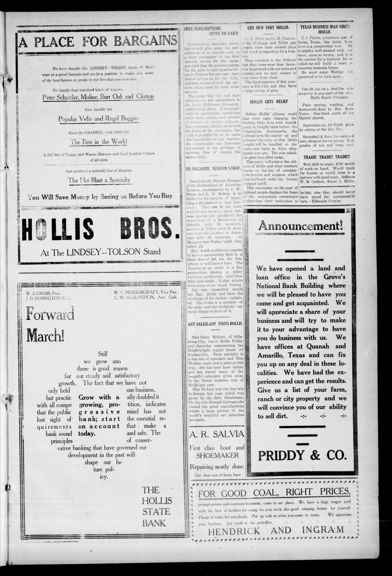 Hollis Tribune (Hollis, Okla.), Vol. 1, No. 27, Ed. 1 Friday, February 17, 1911
                                                
                                                    [Sequence #]: 7 of 10
                                                