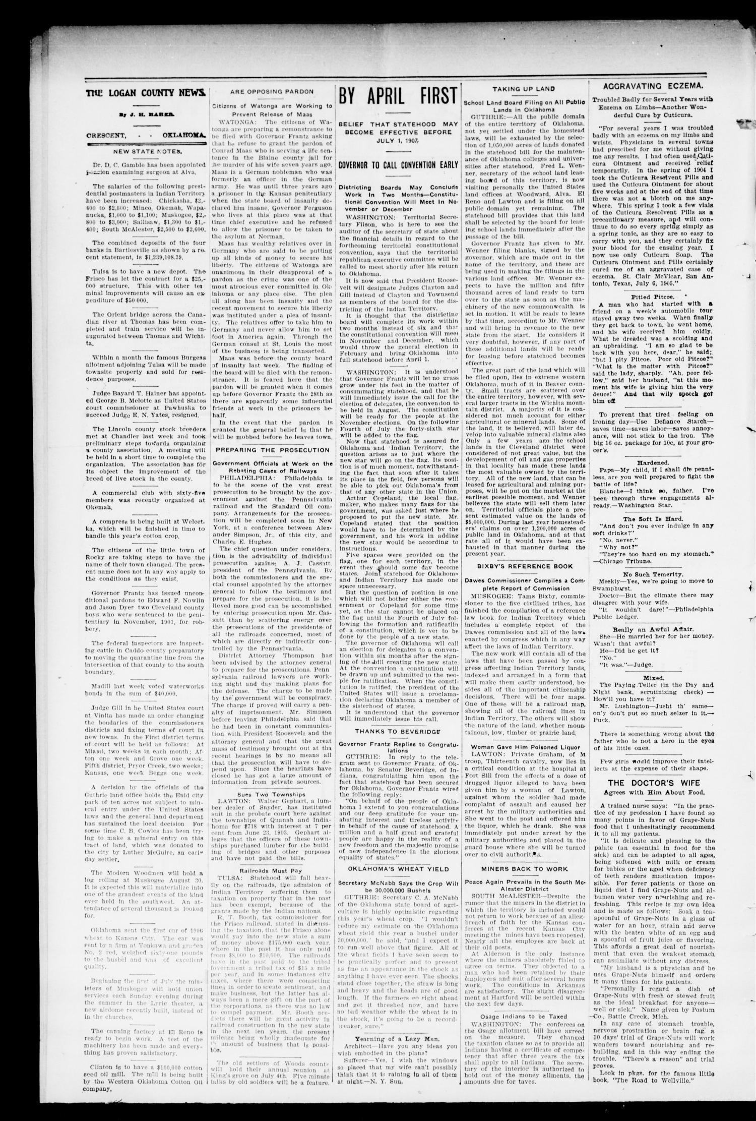 Logan County News. (Crescent, Okla.), Vol. 4, No. 44, Ed. 1 Friday, June 29, 1906
                                                
                                                    [Sequence #]: 2 of 8
                                                