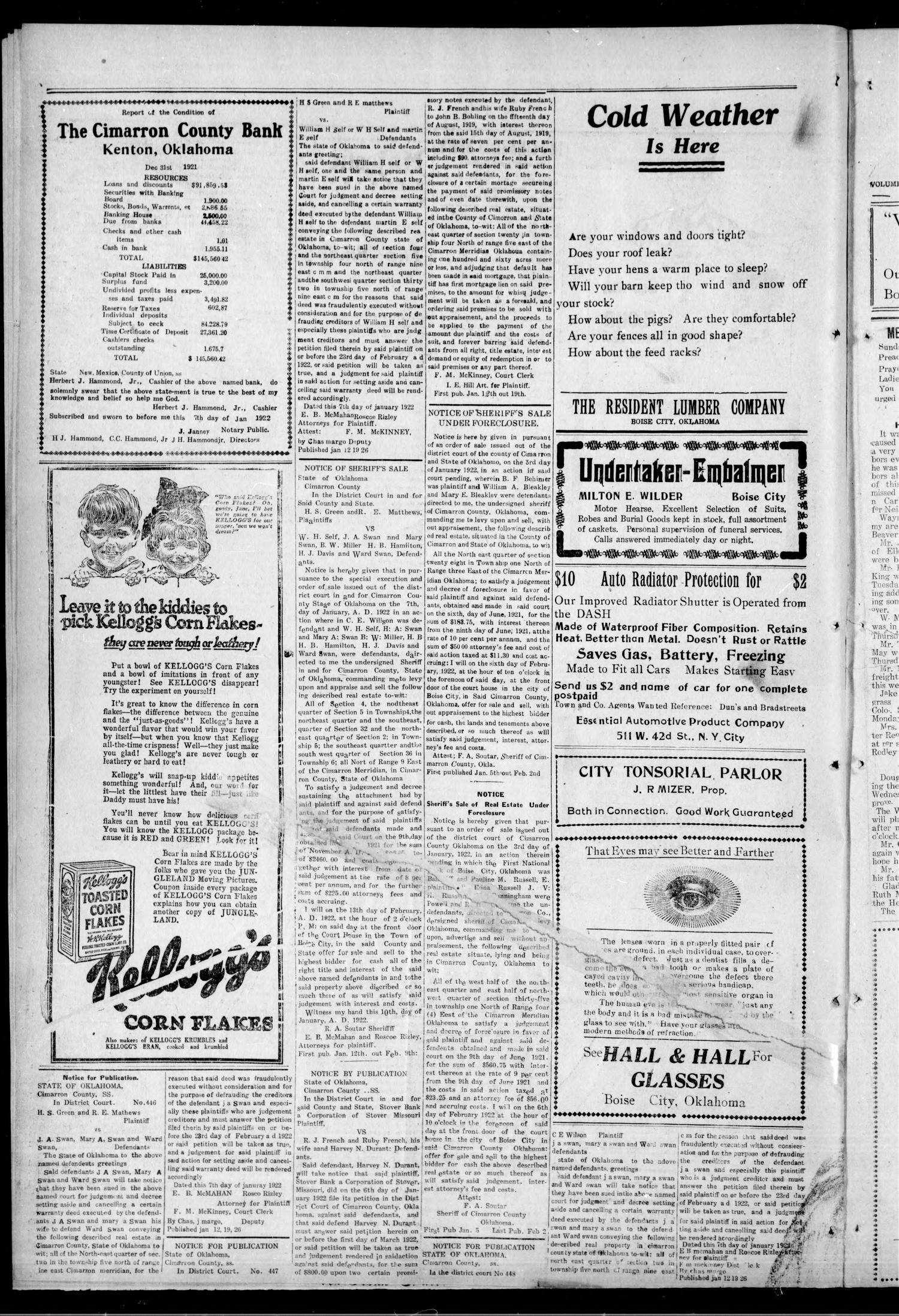 The Cimarron News. (Boise City, Okla.), Vol. 24, No. 25, Ed. 1 Thursday, January 19, 1922
                                                
                                                    [Sequence #]: 4 of 4
                                                