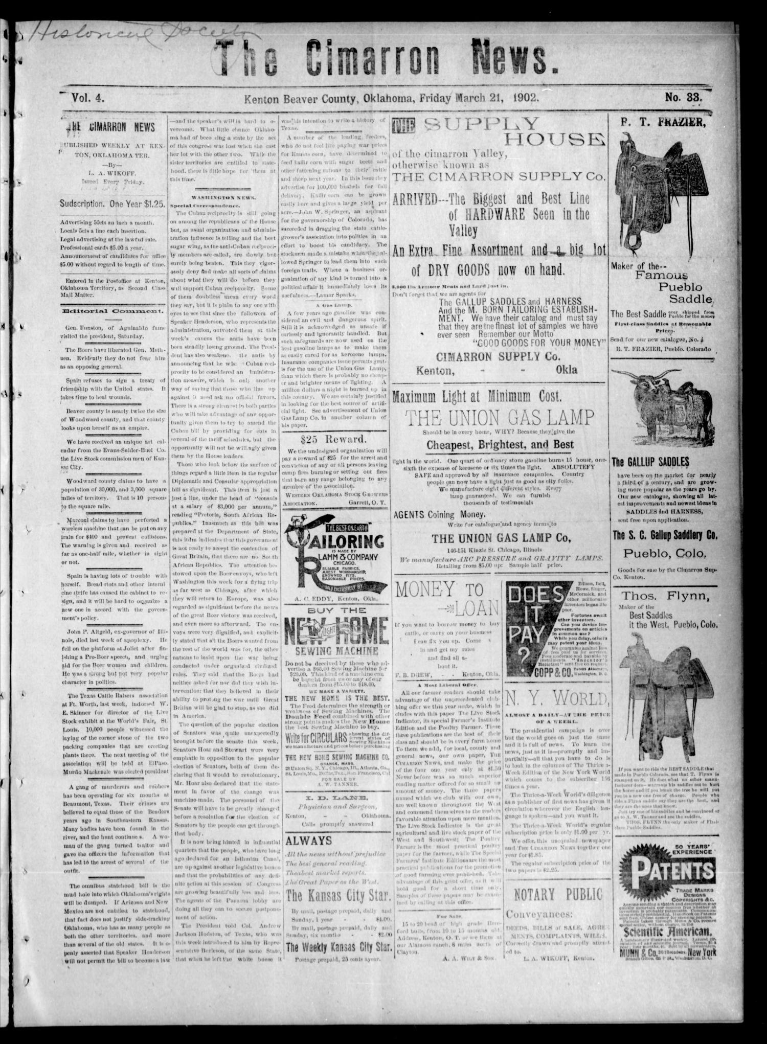 The Cimarron News. (Kenton, Okla.), Vol. 4, No. 33, Ed. 1 Friday, March 21, 1902
                                                
                                                    [Sequence #]: 1 of 4
                                                