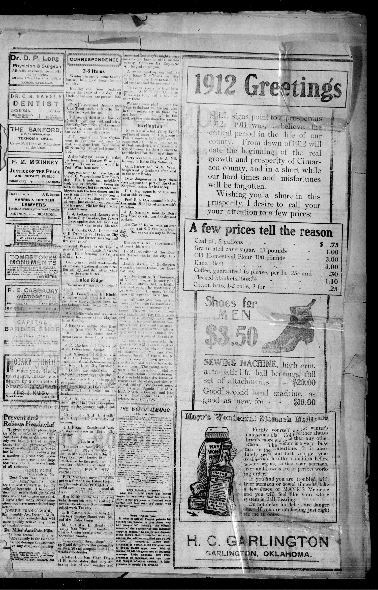 The Cimarron News. (Boise City, Okla.), Vol. 14, No. 25, Ed. 1 Thursday, January 4, 1912
                                                
                                                    [Sequence #]: 3 of 4
                                                