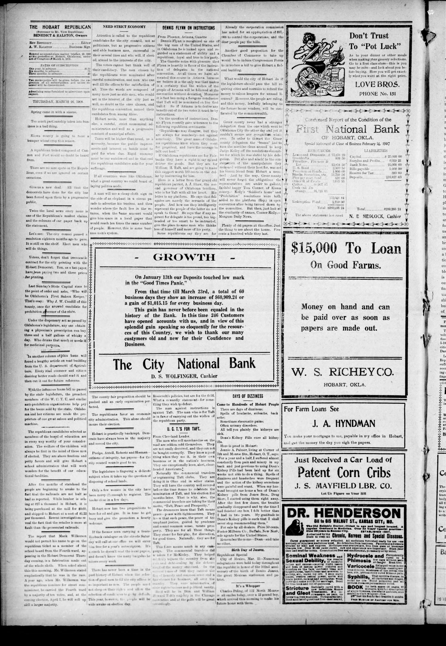 The Hobart Republican. (Hobart, Okla.), Vol. 6, No. 5, Ed. 1 Thursday, March 26, 1908
                                                
                                                    [Sequence #]: 4 of 8
                                                