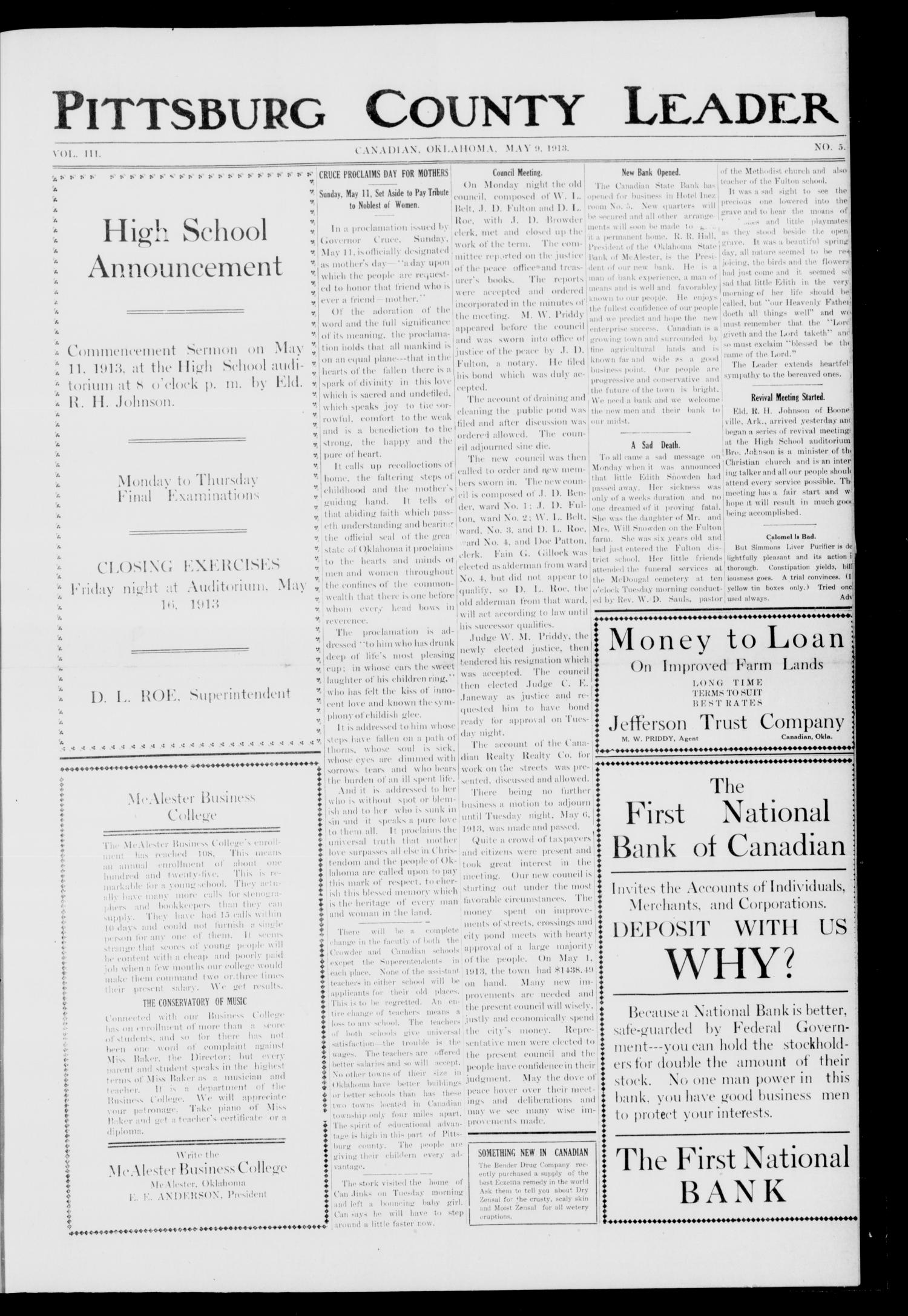 Pittsburg County Leader (Canadian, Okla.), Vol. 3, No. 5, Ed. 1 Friday, May 9, 1913
                                                
                                                    [Sequence #]: 1 of 4
                                                