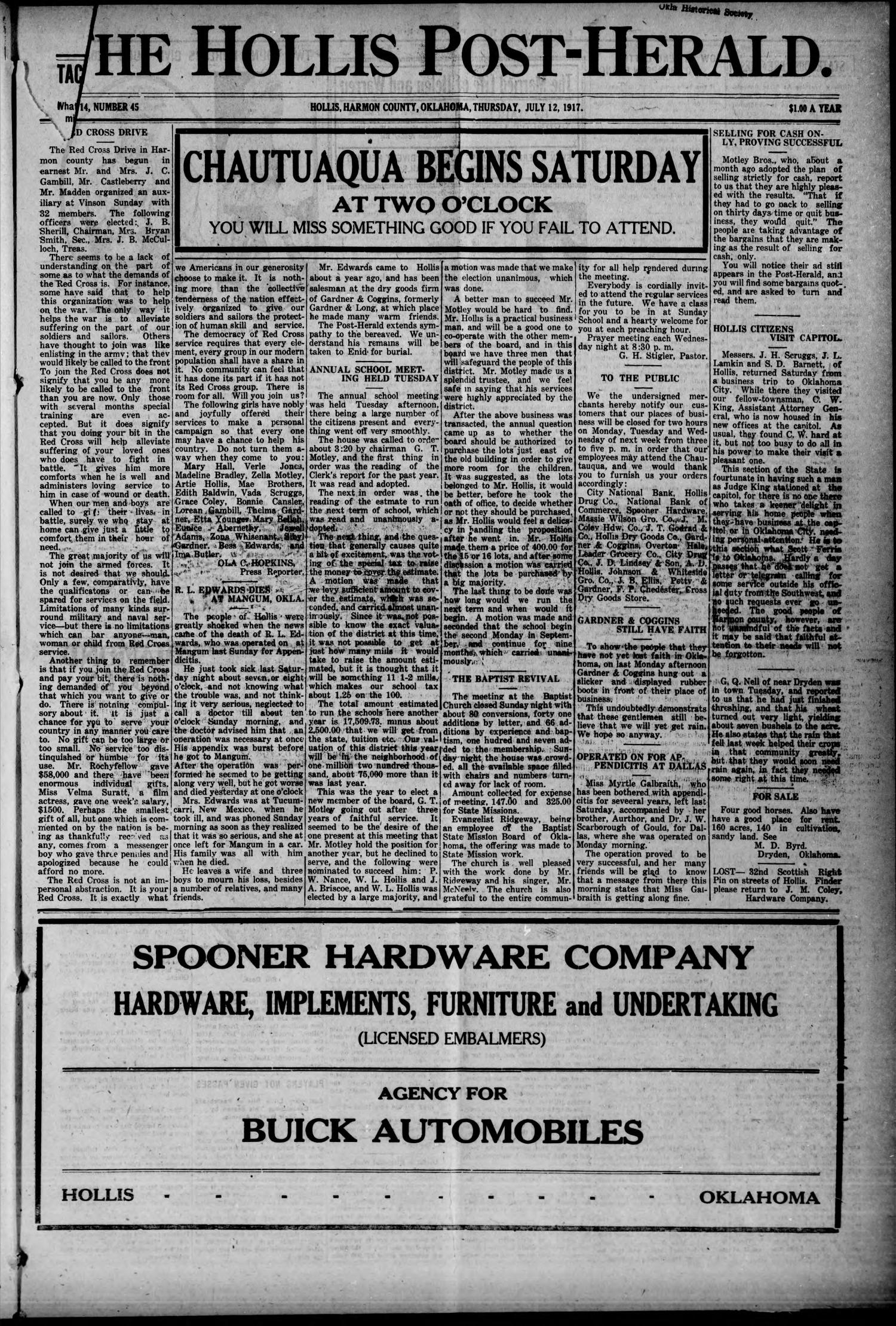 The Hollis Post-Herald. (Hollis, Okla.), Vol. 14, No. 45, Ed. 1 Thursday, July 12, 1917
                                                
                                                    [Sequence #]: 1 of 8
                                                