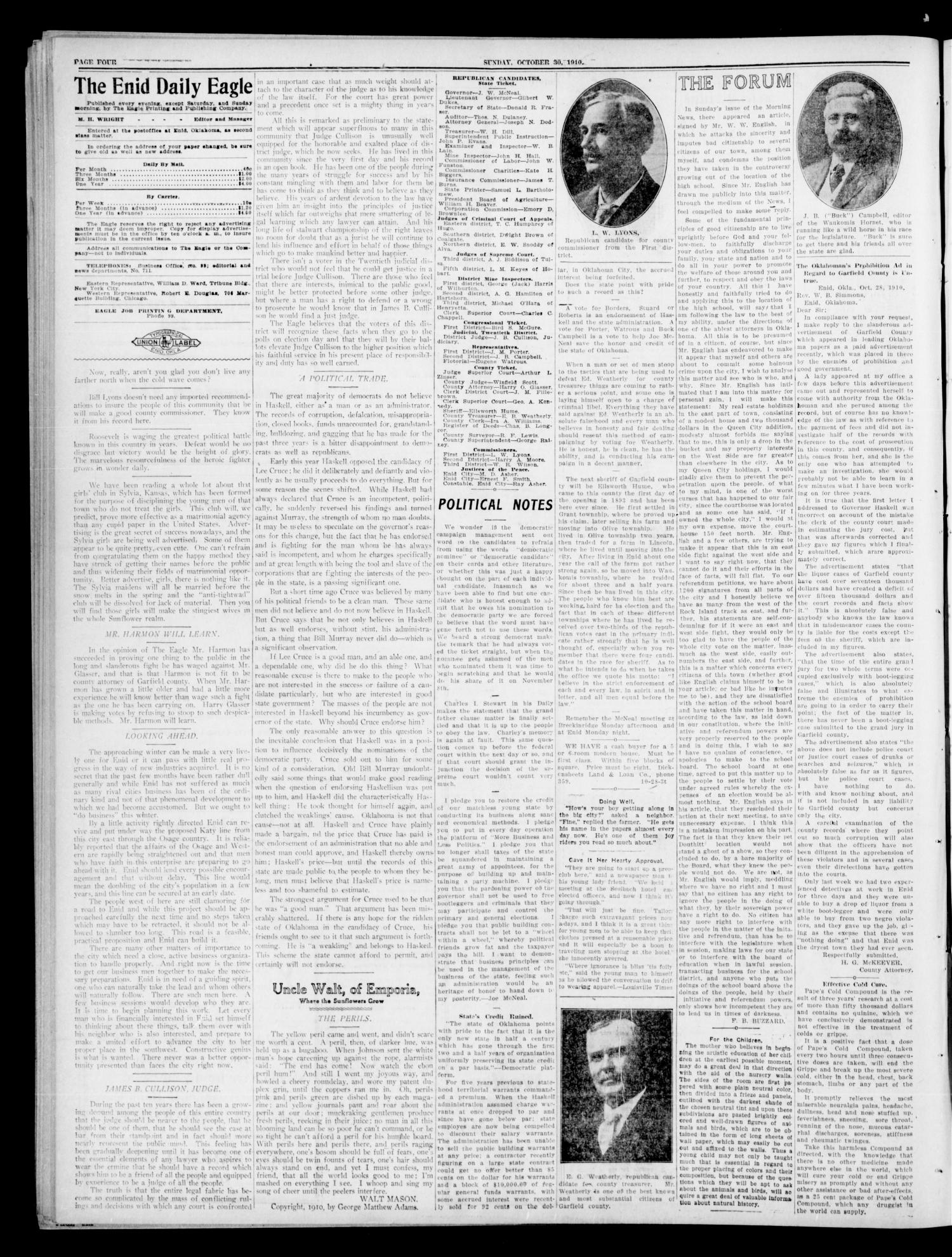 The Enid Daily Eagle. (Enid, Okla.), Vol. 9, No. 245, Ed. 1 Sunday, October 30, 1910
                                                
                                                    [Sequence #]: 4 of 6
                                                