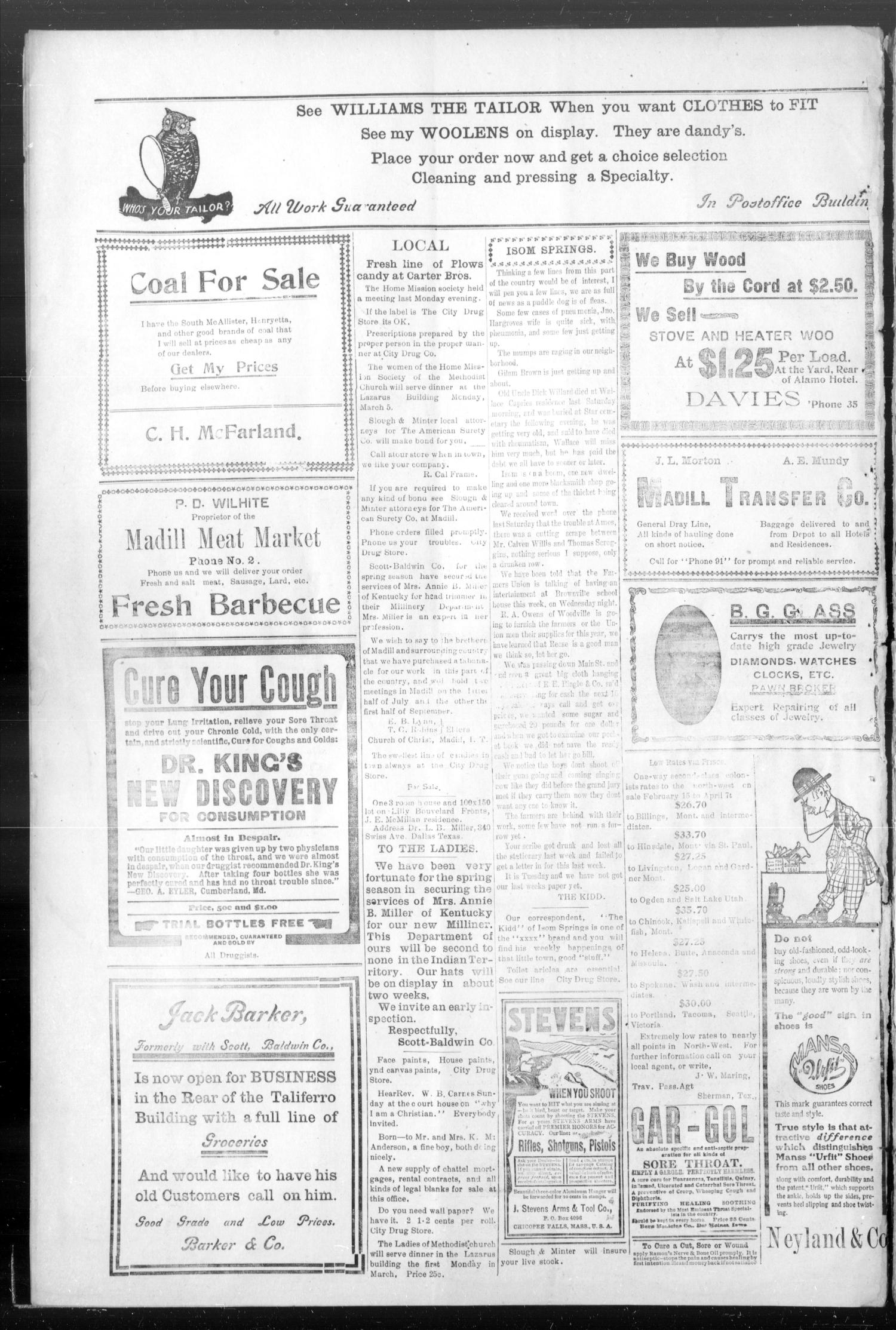 The Madill News. (Madill, Indian Terr.), Vol. 11, No. 30, Ed. 1 Friday, February 23, 1906
                                                
                                                    [Sequence #]: 8 of 8
                                                