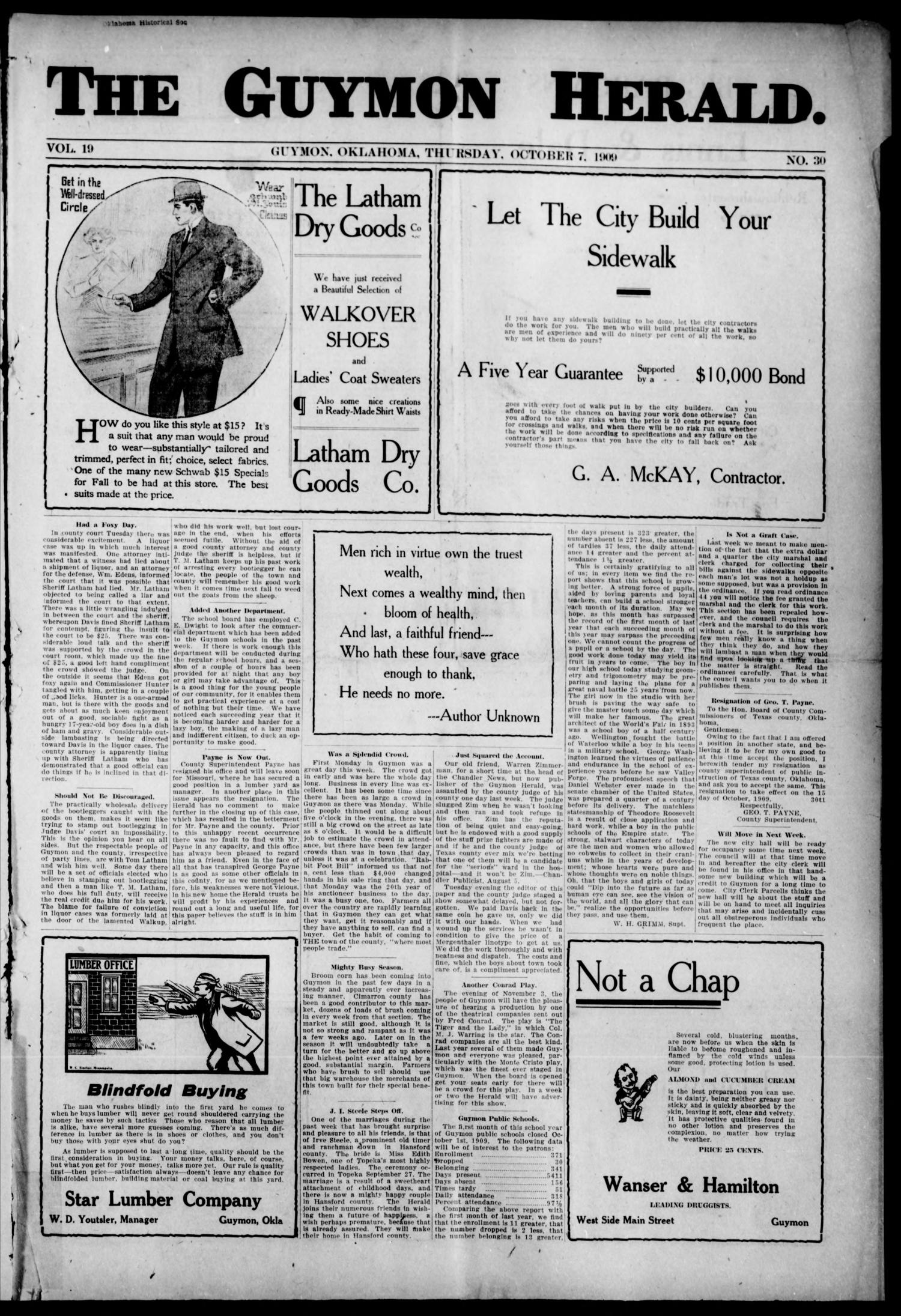 The Guymon Herald. (Guymon, Okla.), Vol. 19, No. 30, Ed. 1 Thursday, October 7, 1909
                                                
                                                    [Sequence #]: 1 of 8
                                                