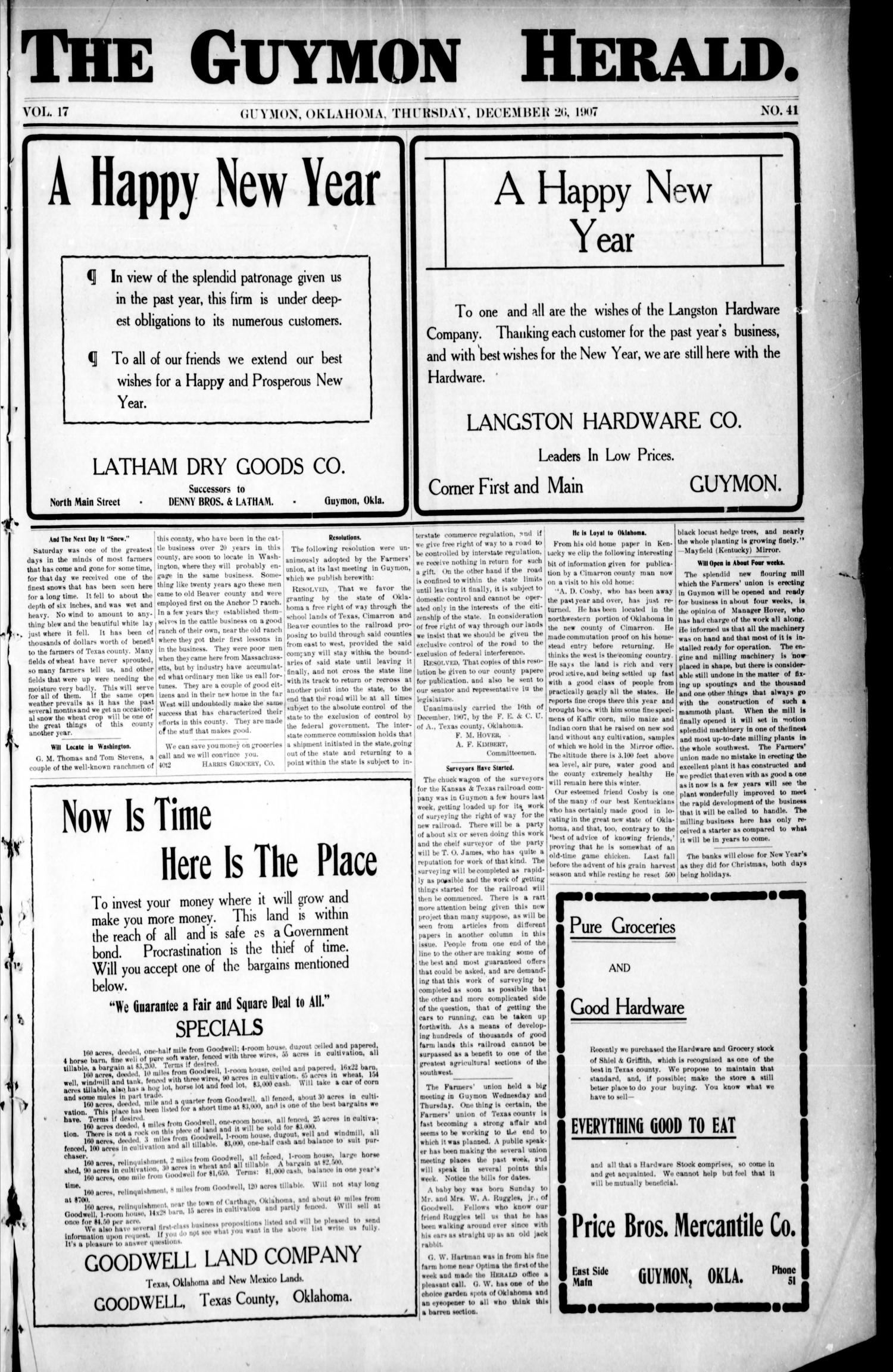 The Guymon Herald. (Guymon, Okla.), Vol. 17, No. 41, Ed. 1 Thursday, December 26, 1907
                                                
                                                    [Sequence #]: 1 of 7
                                                