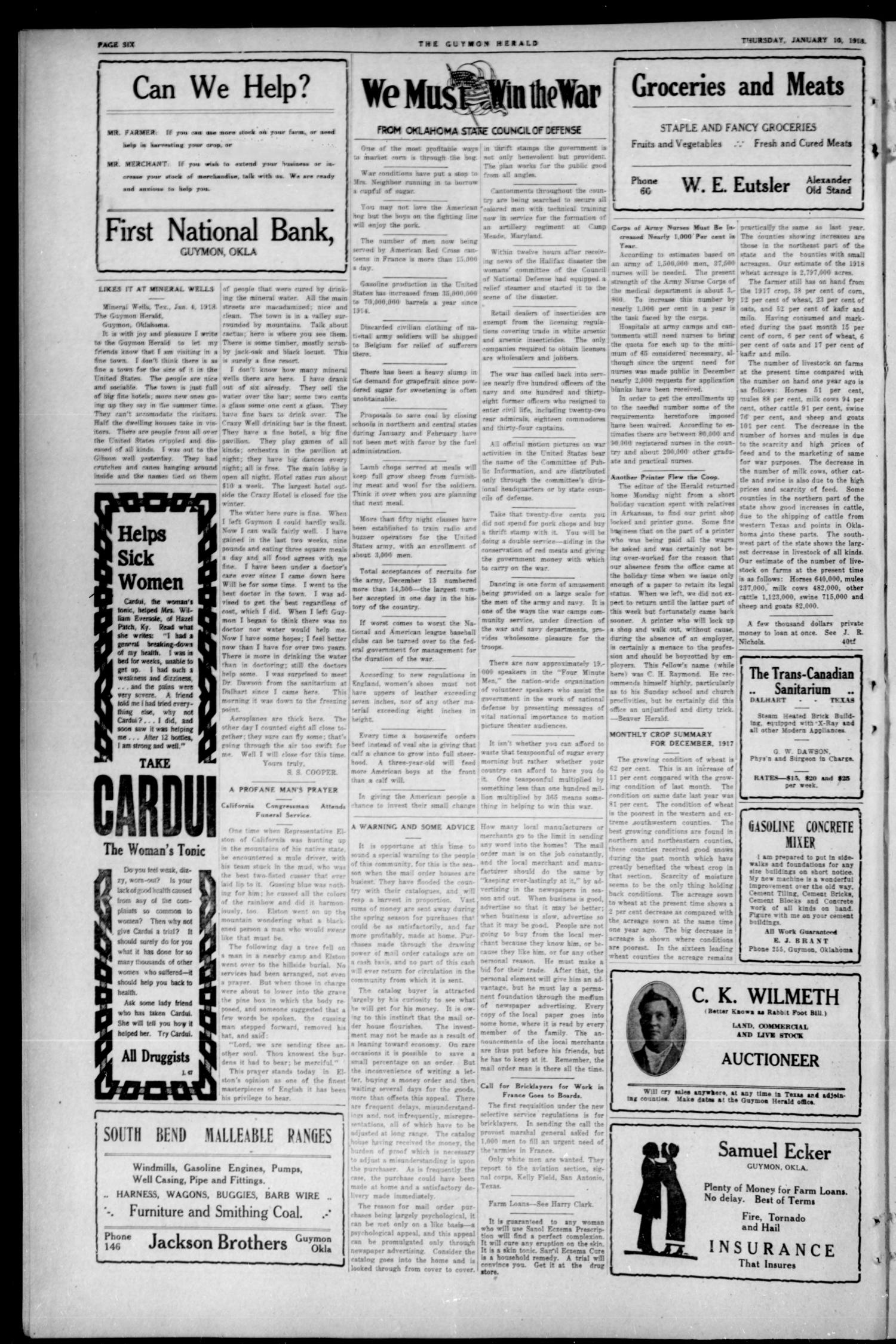 The Guymon Herald. (Guymon, Okla.), Vol. 27, No. 45, Ed. 1 Thursday, January 10, 1918
                                                
                                                    [Sequence #]: 6 of 8
                                                