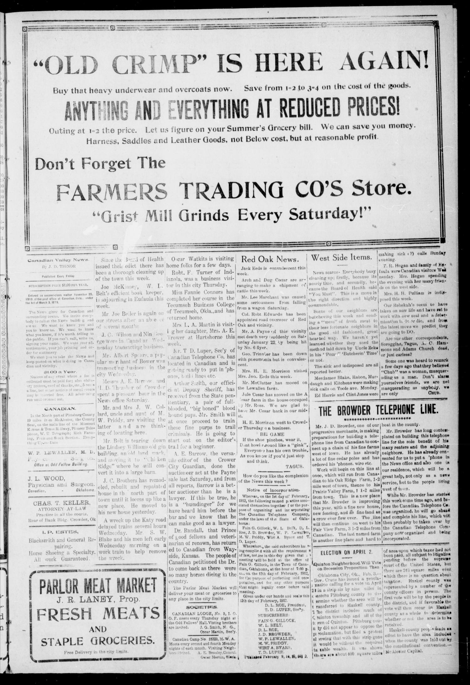 Canadian Valley News. (Canadian, Oklahoma), Vol. 2, No. 13, Ed. 1 Friday, February 9, 1912
                                                
                                                    [Sequence #]: 3 of 4
                                                