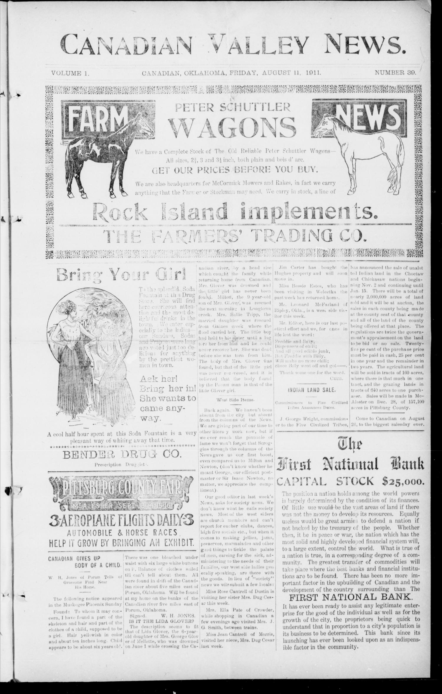 Canadian Valley News. (Canadian, Oklahoma), Vol. 1, No. 39, Ed. 1 Friday, August 11, 1911
                                                
                                                    [Sequence #]: 1 of 8
                                                