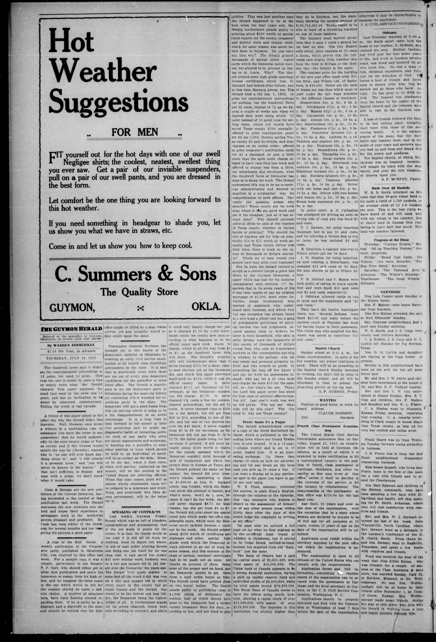 The Guymon Herald. (Guymon, Okla.), Vol. 23, No. 20, Ed. 1 Thursday, July 24, 1913
                                                
                                                    [Sequence #]: 4 of 8
                                                