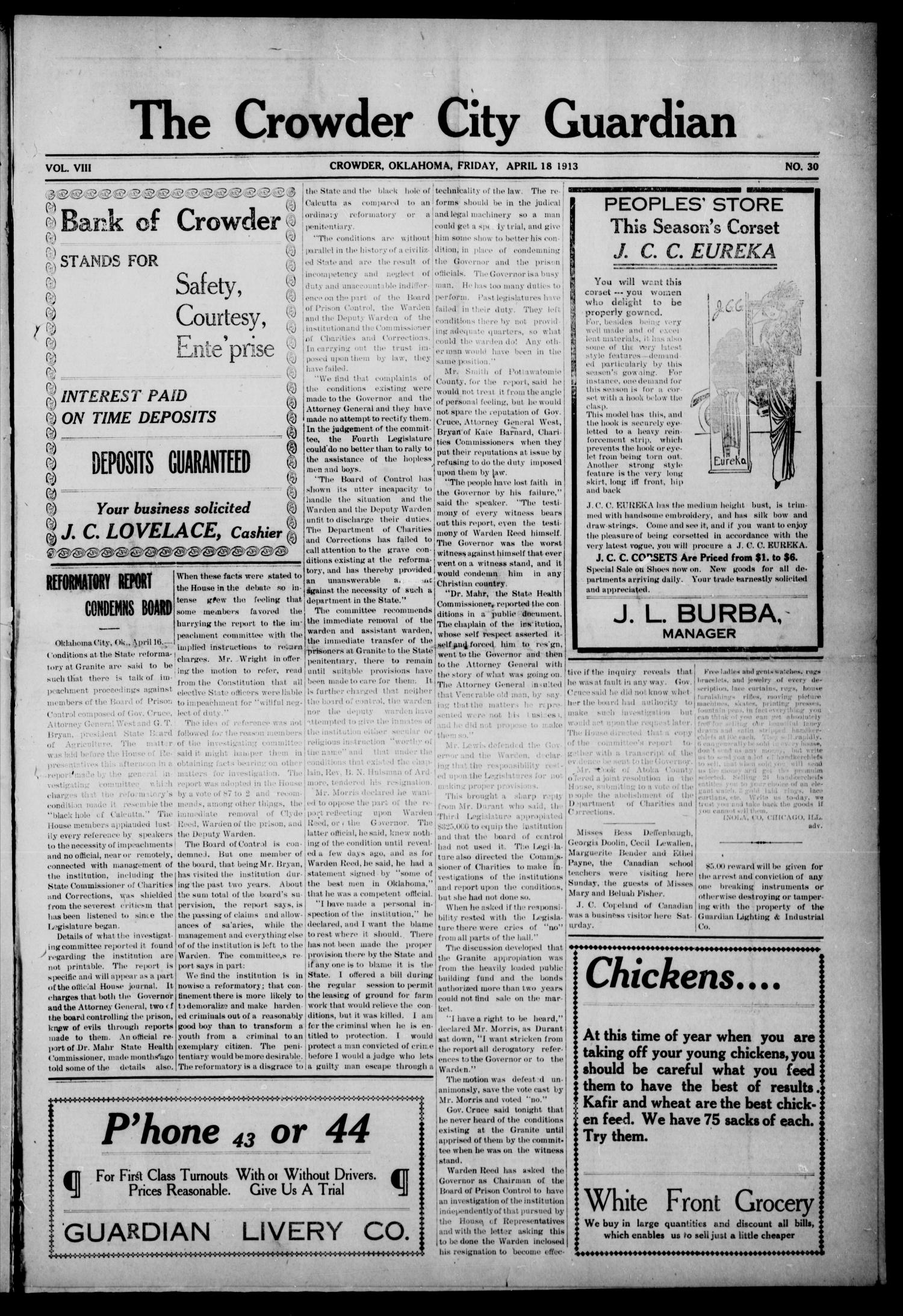 The Crowder City Guardian (Crowder, Oklahoma), Vol. 8, No. 30, Ed. 1 Friday, April 18, 1913
                                                
                                                    [Sequence #]: 1 of 8
                                                