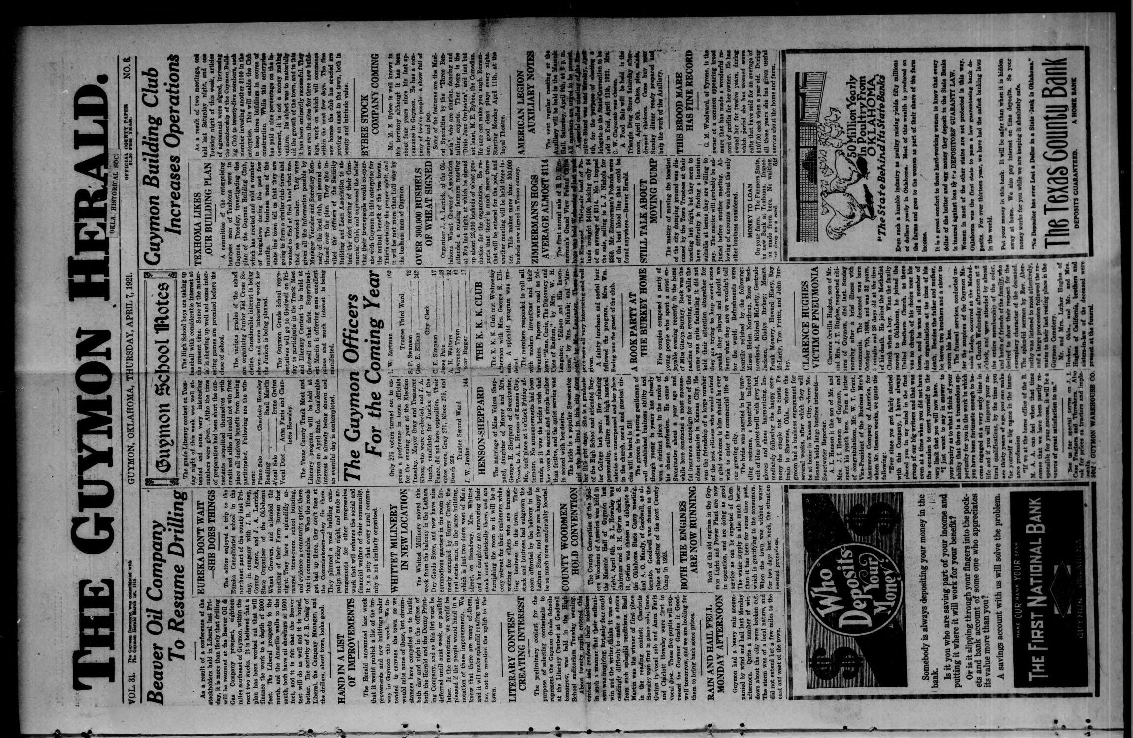 The Guymon Herald. (Guymon, Okla.), Vol. 31, No. 6, Ed. 1 Thursday, April 7, 1921
                                                
                                                    [Sequence #]: 1 of 10
                                                