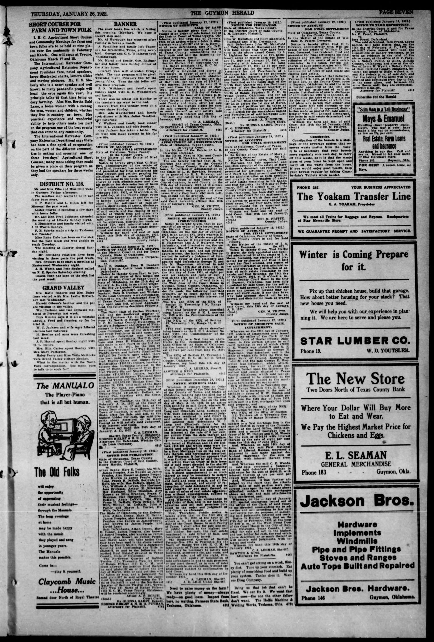 The Guymon Herald. (Guymon, Okla.), Vol. 31, No. 48, Ed. 1 Thursday, January 26, 1922
                                                
                                                    [Sequence #]: 7 of 8
                                                