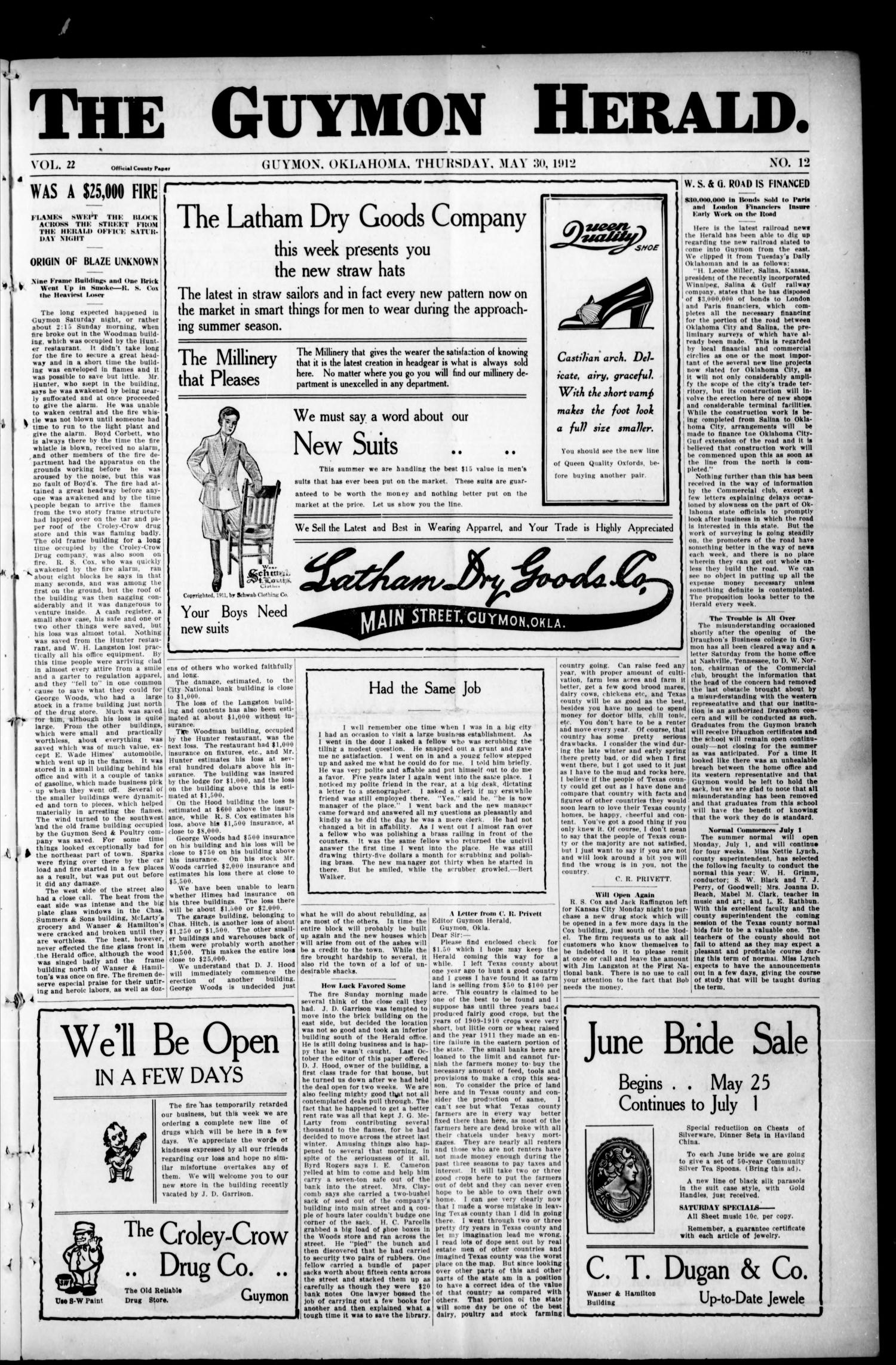 The Guymon Herald. (Guymon, Okla.), Vol. 22, No. 12, Ed. 1 Thursday, May 30, 1912
                                                
                                                    [Sequence #]: 1 of 8
                                                