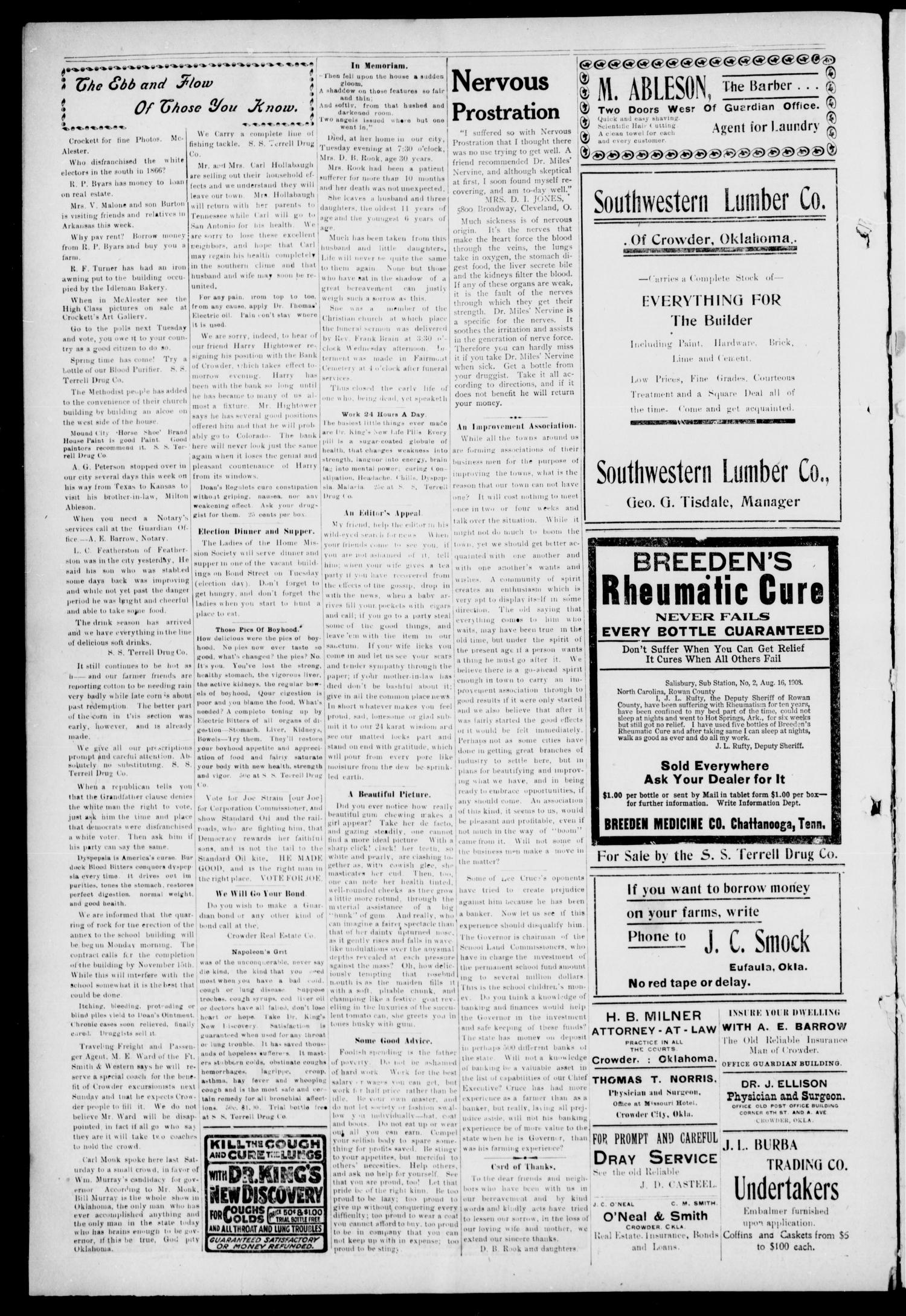 The Crowder City Guardian (Crowder, Oklahoma), Vol. 5, No. 39, Ed. 1 Friday, July 29, 1910
                                                
                                                    [Sequence #]: 8 of 8
                                                