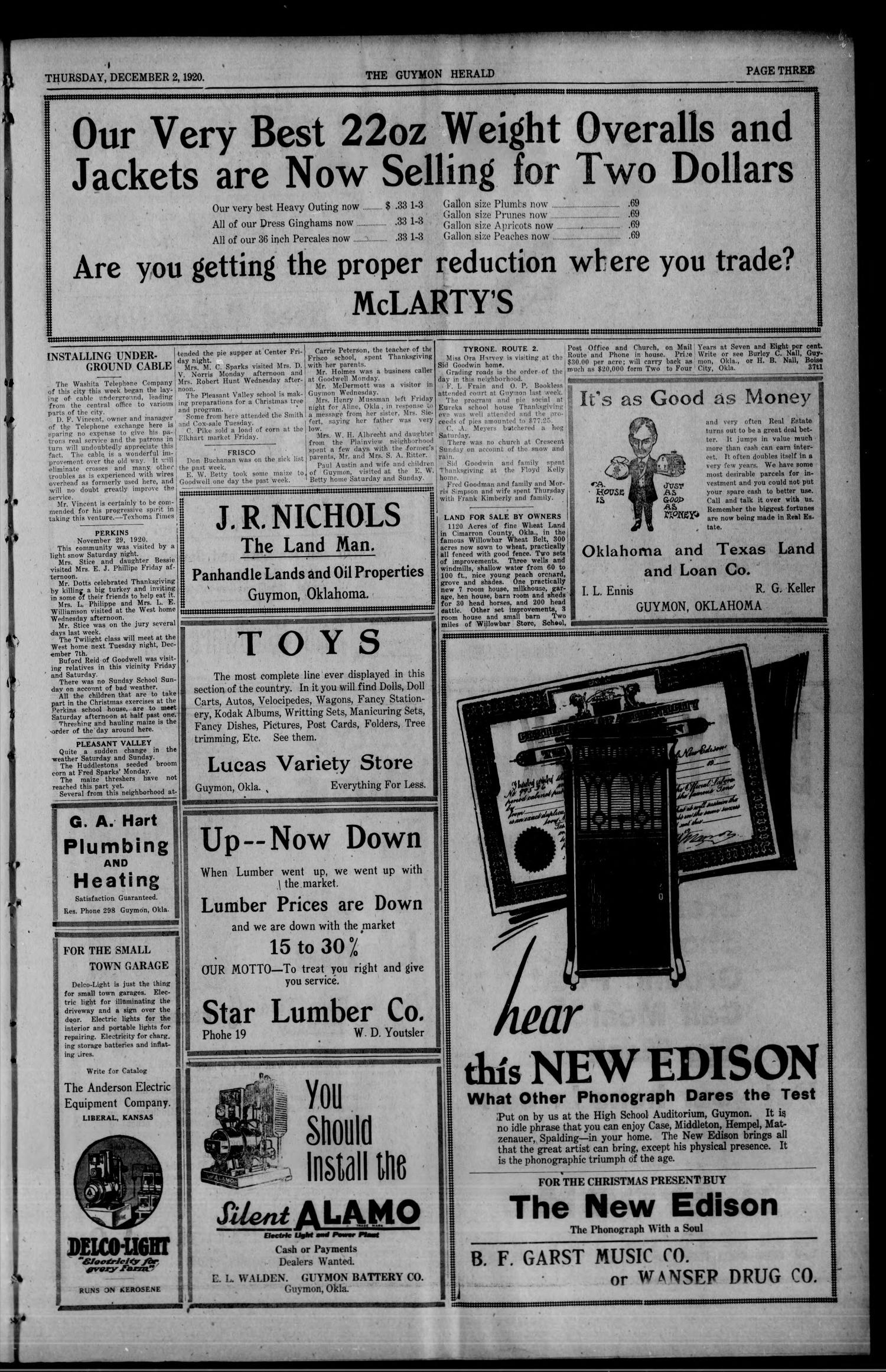 The Guymon Herald. (Guymon, Okla.), Vol. 30, No. 40, Ed. 1 Thursday, December 2, 1920
                                                
                                                    [Sequence #]: 3 of 8
                                                