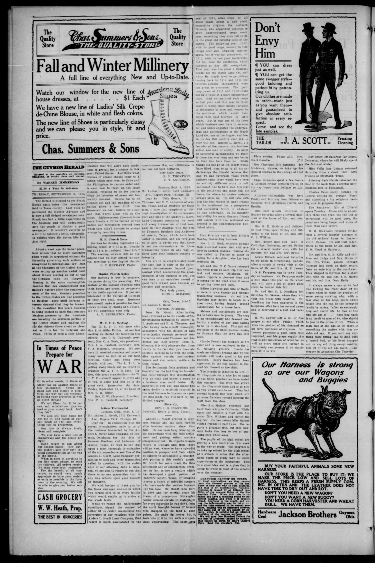 The Guymon Herald. (Guymon, Okla.), Vol. 25, No. 27, Ed. 1 Thursday, September 9, 1915
                                                
                                                    [Sequence #]: 4 of 8
                                                