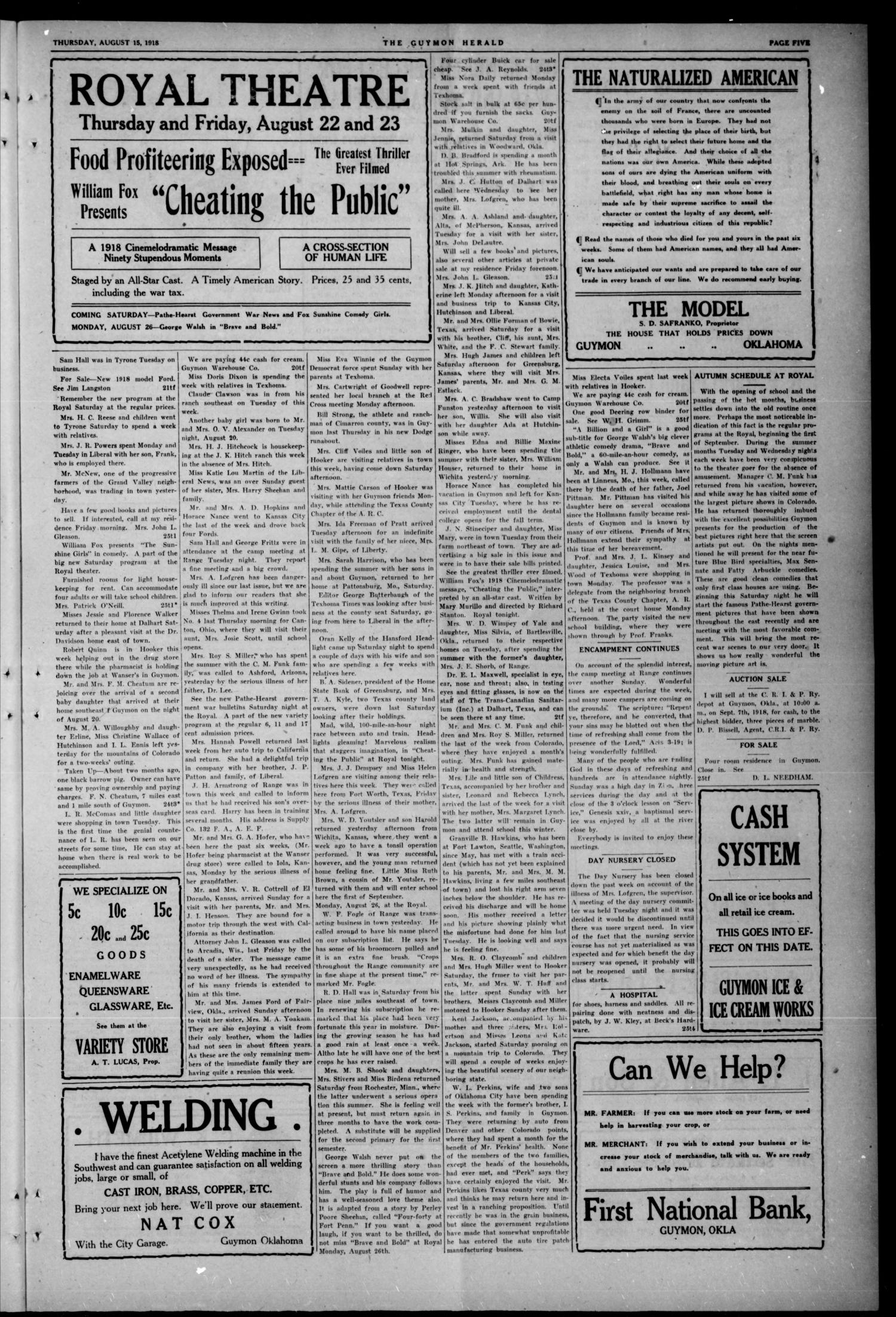 The Guymon Herald. (Guymon, Okla.), Vol. 28, No. 25, Ed. 1 Thursday, August 22, 1918
                                                
                                                    [Sequence #]: 5 of 8
                                                