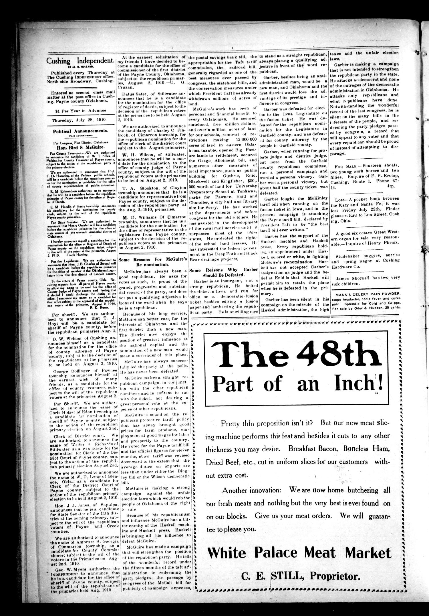Cushing Independent. (Cushing, Okla.), Vol. 9, No. 34, Ed. 1 Thursday, July 28, 1910
                                                
                                                    [Sequence #]: 4 of 8
                                                