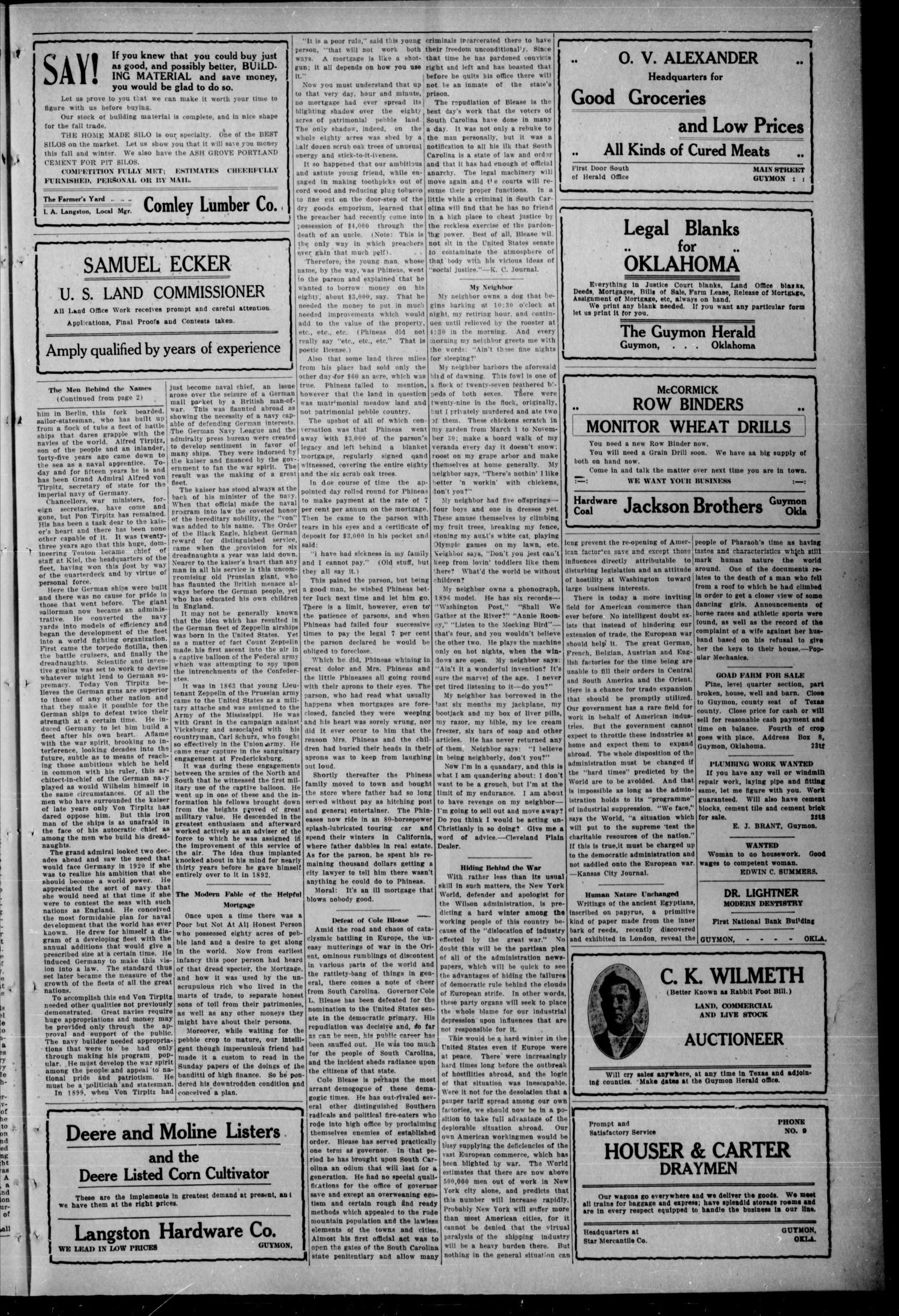 The Guymon Herald. (Guymon, Okla.), Vol. 24, No. 27, Ed. 1 Thursday, September 10, 1914
                                                
                                                    [Sequence #]: 3 of 8
                                                