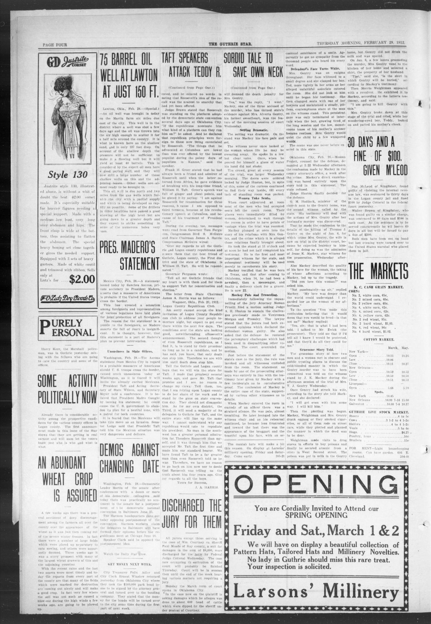 The Guthrie Daily Star (Guthrie, Okla.), Vol. 8, No. 305, Ed. 1 Thursday, February 29, 1912
                                                
                                                    [Sequence #]: 4 of 8
                                                
