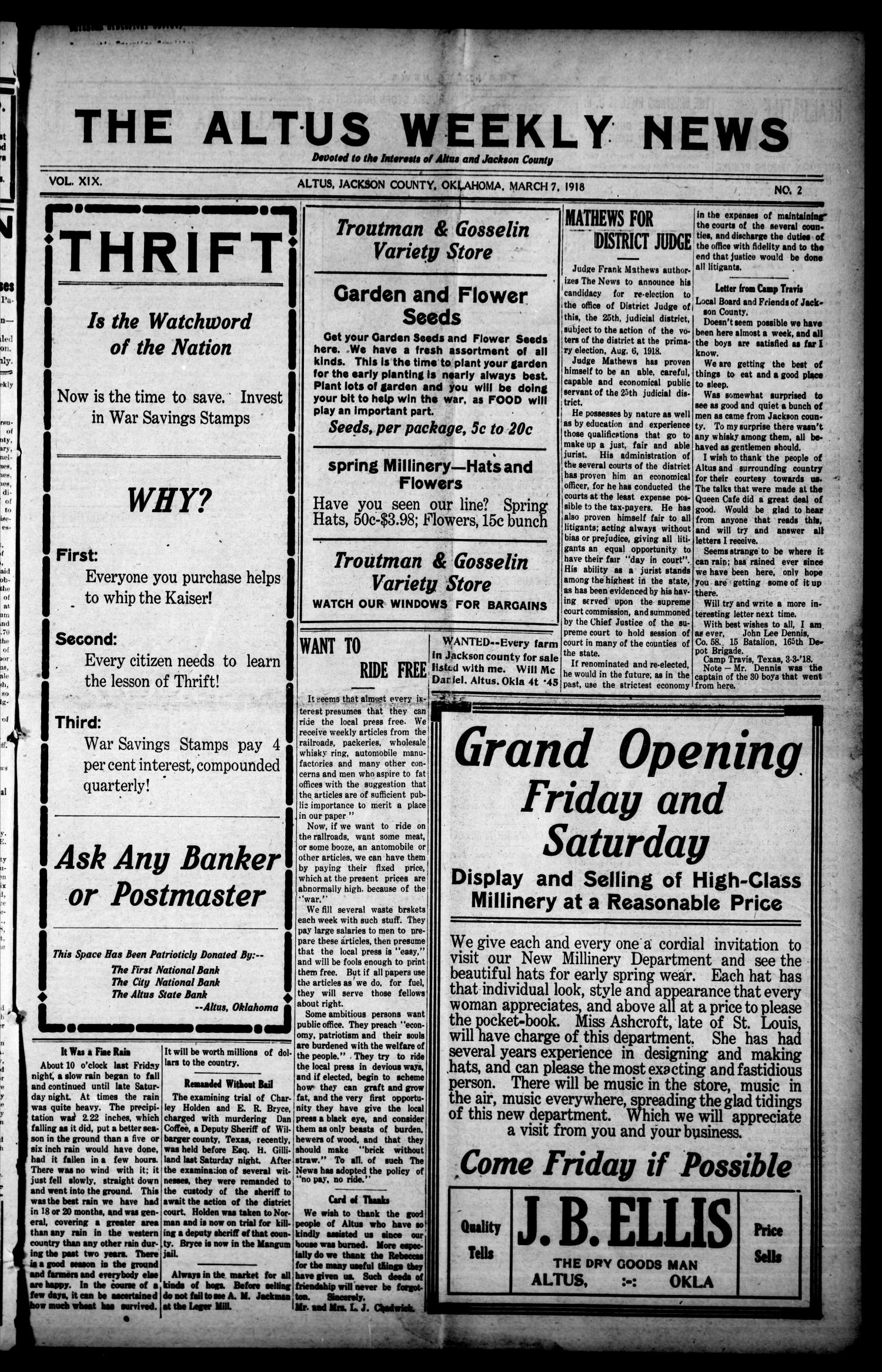 The Altus Weekly News (Altus, Okla.), Vol. 19, No. 2, Ed. 1 Thursday, March 7, 1918
                                                
                                                    [Sequence #]: 1 of 10
                                                