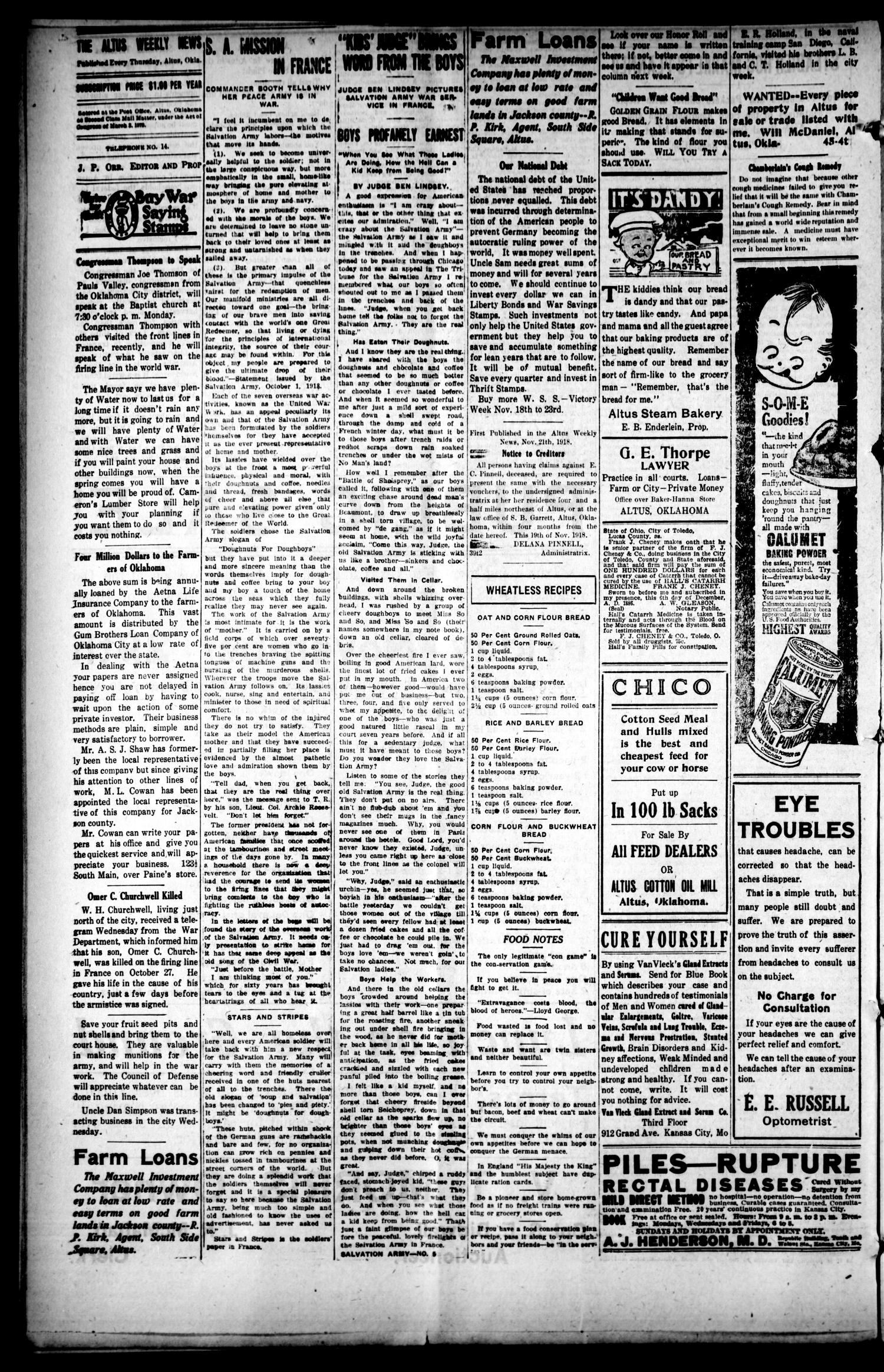 The Altus Weekly News (Altus, Okla.), Vol. 19, No. 39, Ed. 1 Thursday, November 21, 1918
                                                
                                                    [Sequence #]: 4 of 8
                                                