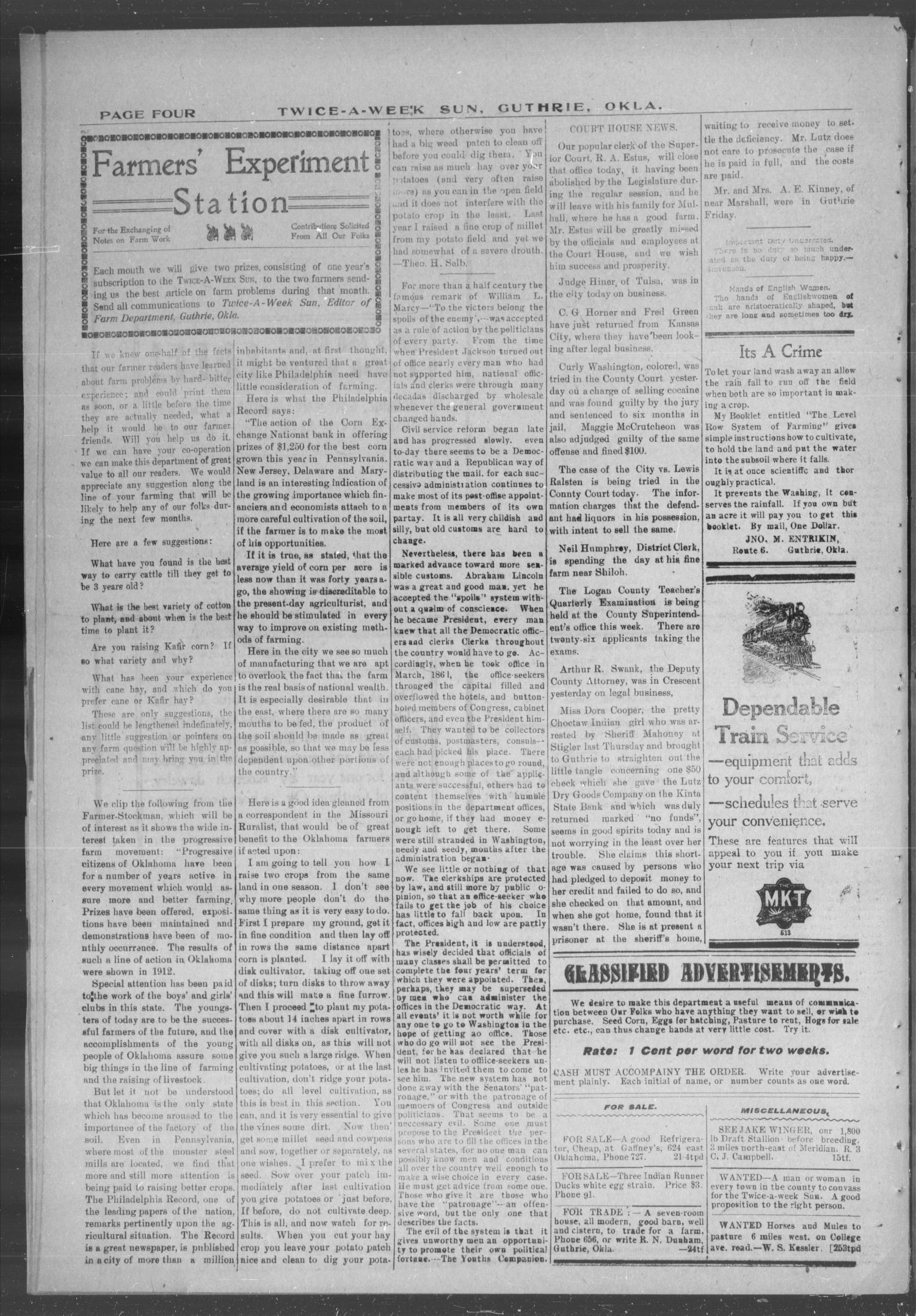 The Twice-A-Week Sun. (Guthrie, Okla.), Vol. 2, No. 26, Ed. 1 Saturday, April 26, 1913
                                                
                                                    [Sequence #]: 4 of 8
                                                