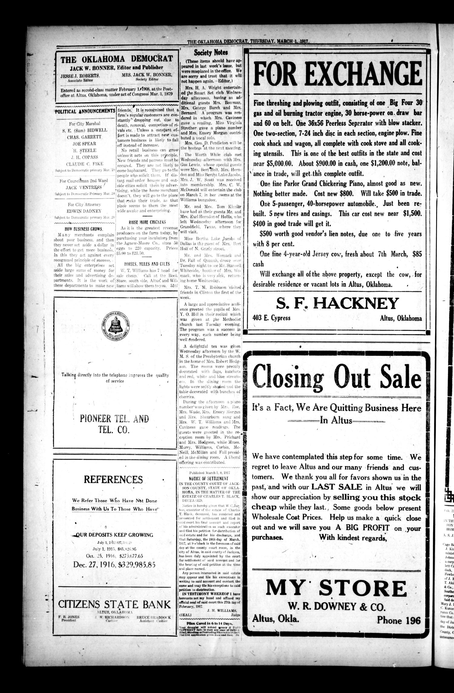 The Oklahoma Democrat (Altus, Okla.), Vol. 9, No. 51, Ed. 1 Thursday, March 1, 1917
                                                
                                                    [Sequence #]: 4 of 8
                                                