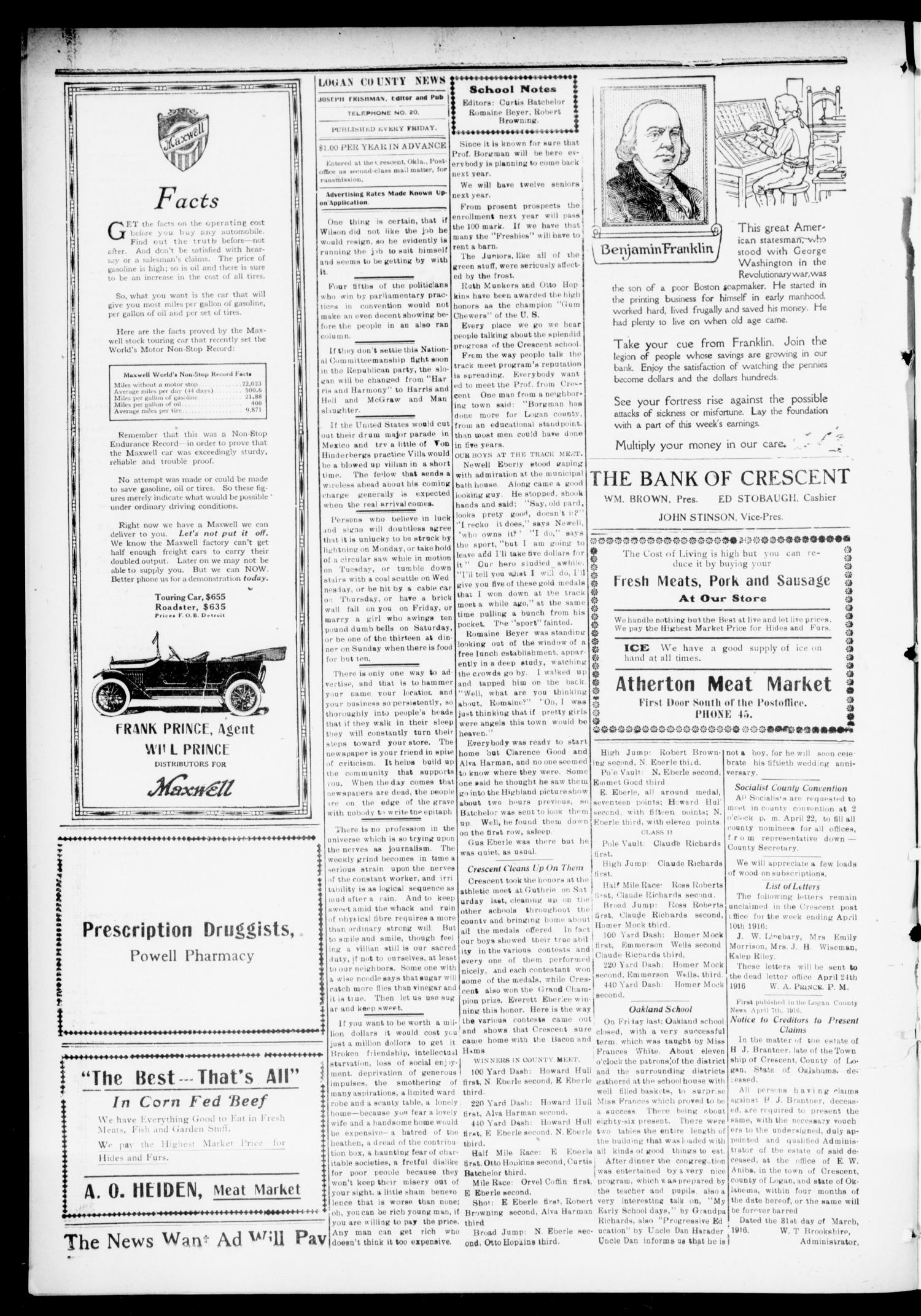 The Logan County News. (Crescent, Okla.), Vol. 13, No. 23, Ed. 1 Friday, April 14, 1916
                                                
                                                    [Sequence #]: 4 of 10
                                                