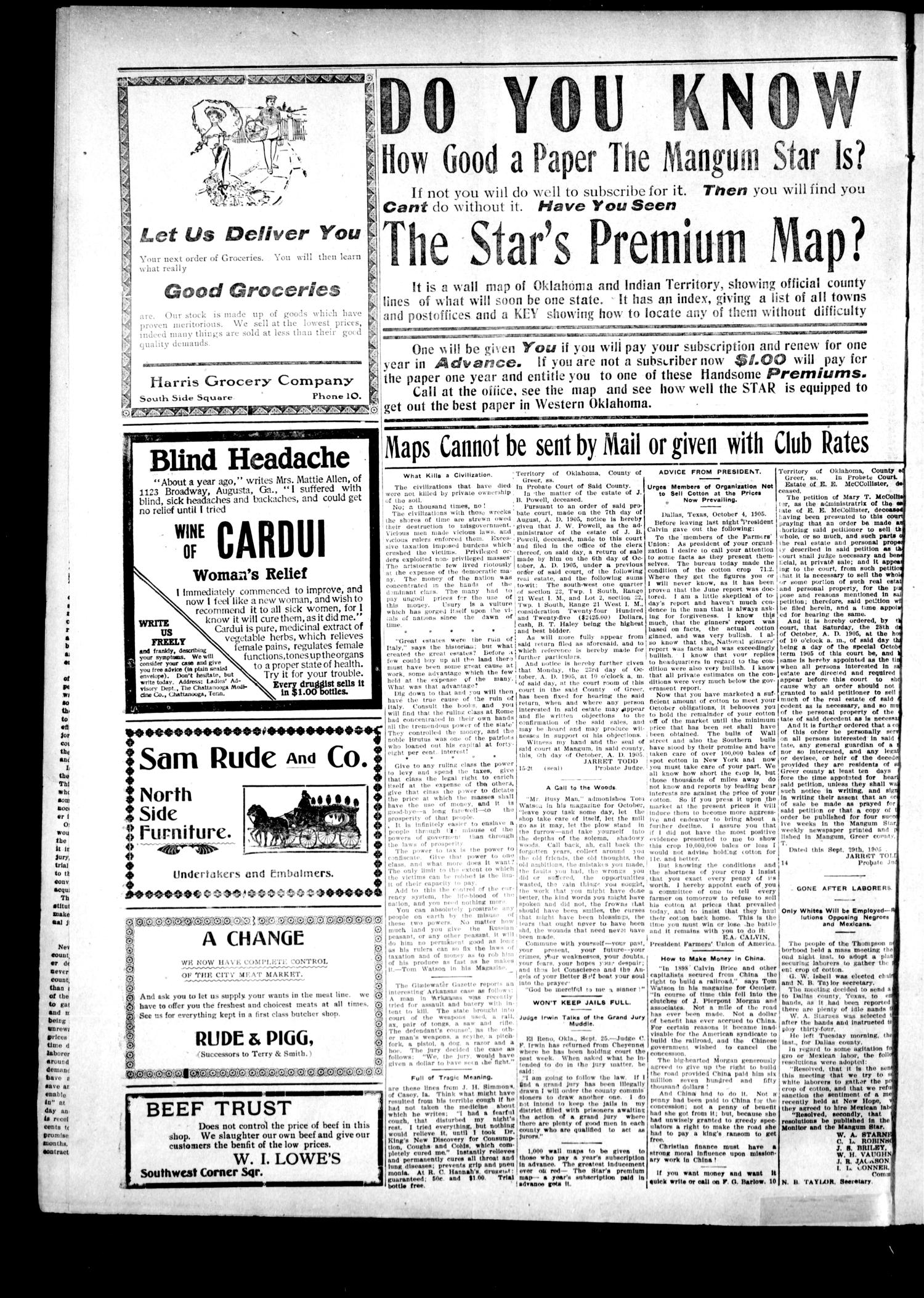 The Mangum Star. (Mangum, Okla. Terr.), Vol. 18, No. 15, Ed. 1 Thursday, October 12, 1905
                                                
                                                    [Sequence #]: 8 of 10
                                                
