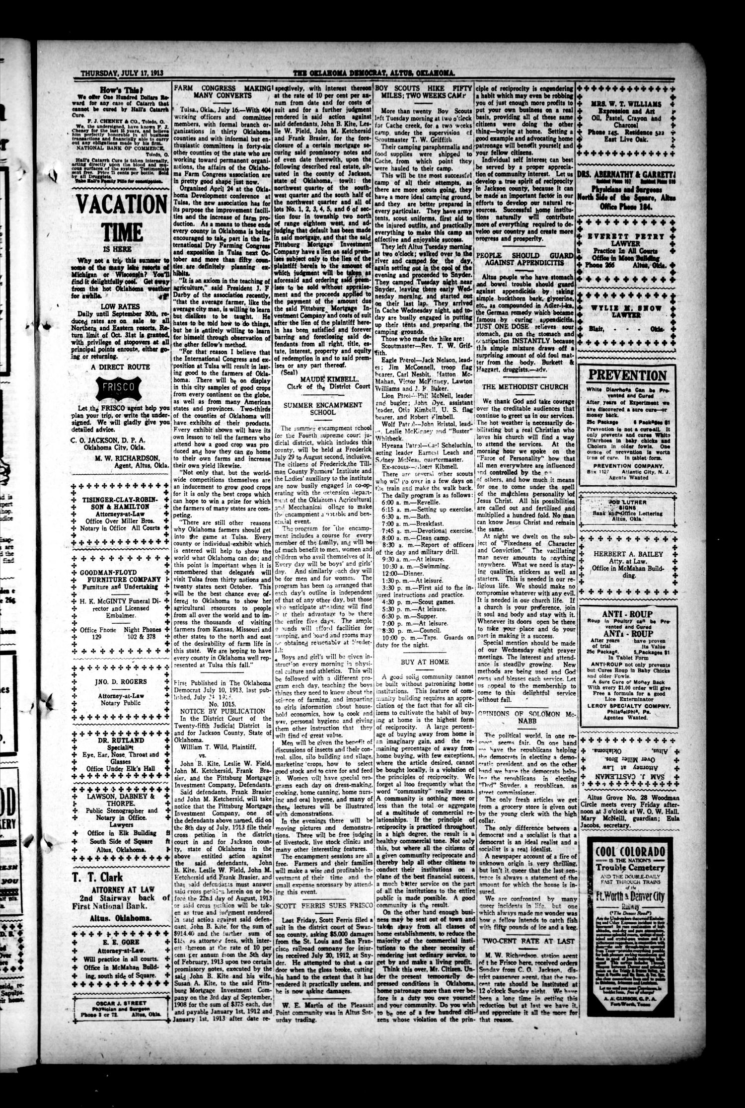The Oklahoma Democrat (Altus, Okla.), Vol. 6, No. 19, Ed. 1 Thursday, July 17, 1913
                                                
                                                    [Sequence #]: 3 of 8
                                                
