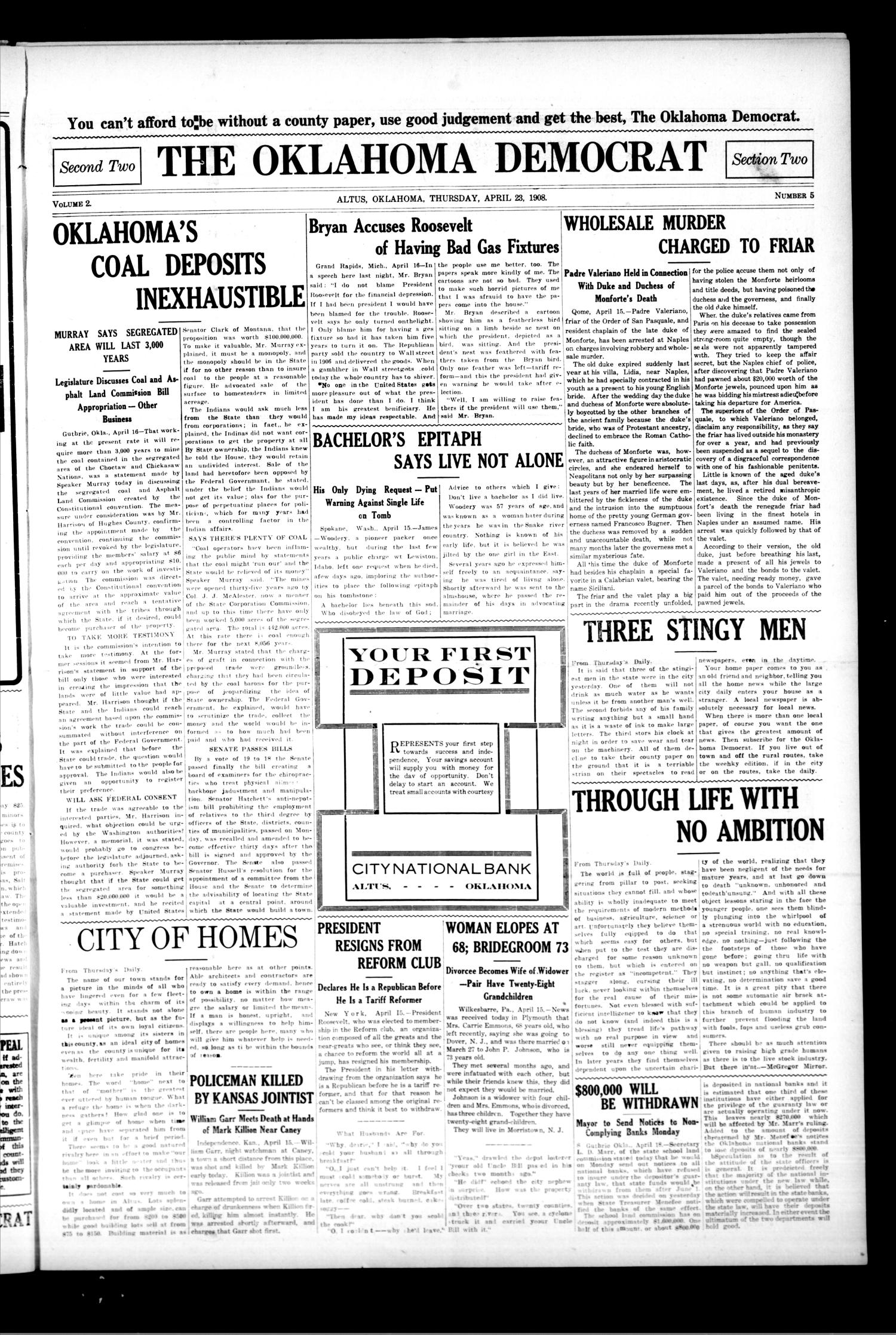 The Oklahoma Democrat. (Altus, Okla.), Vol. 2, No. 5, Ed. 2 Thursday, April 23, 1908
                                                
                                                    [Sequence #]: 1 of 6
                                                