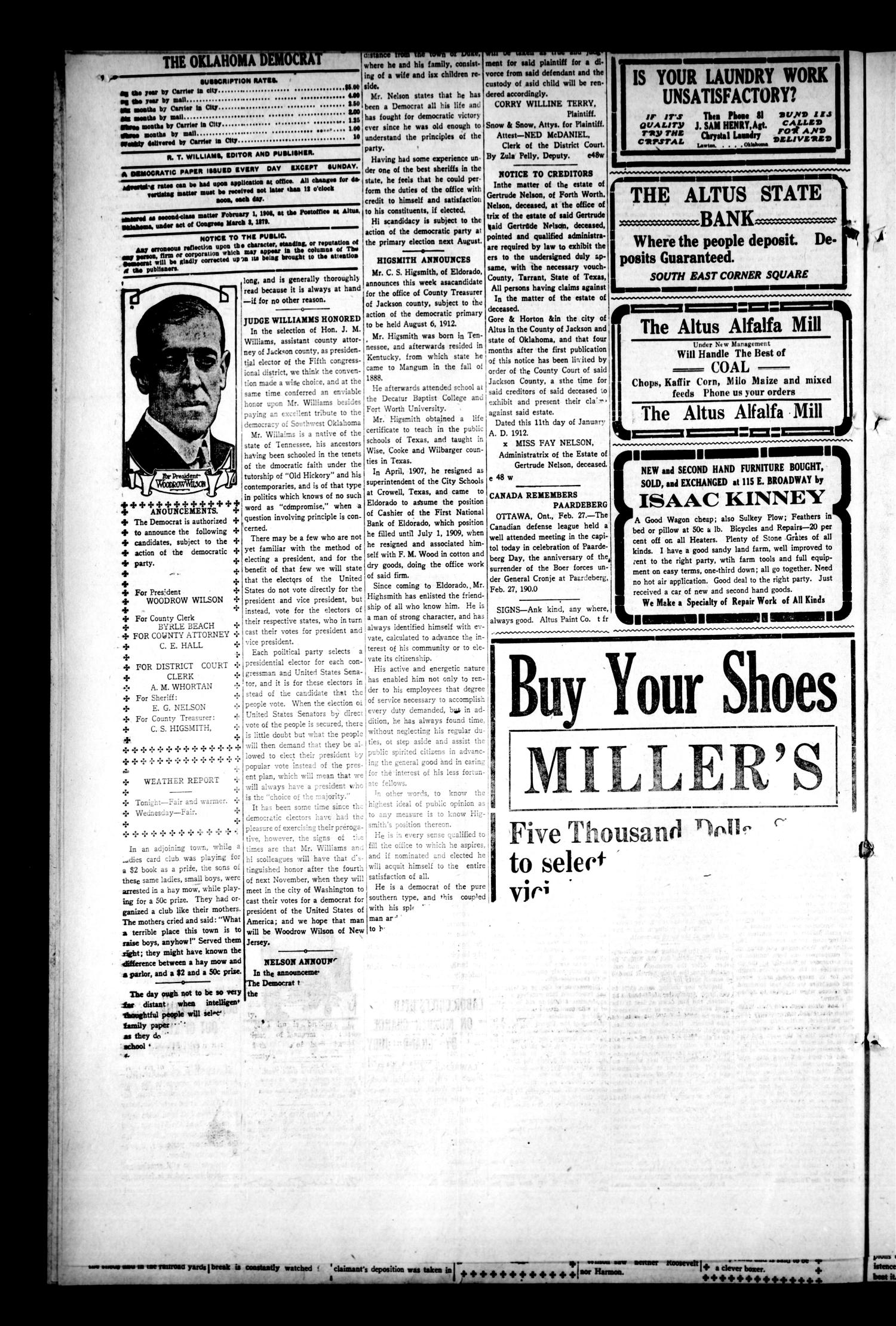 The Oklahoma Democrat (Altus, Okla.), Vol. 5, No. 48, Ed. 1 Thursday, February 29, 1912
                                                
                                                    [Sequence #]: 4 of 8
                                                
