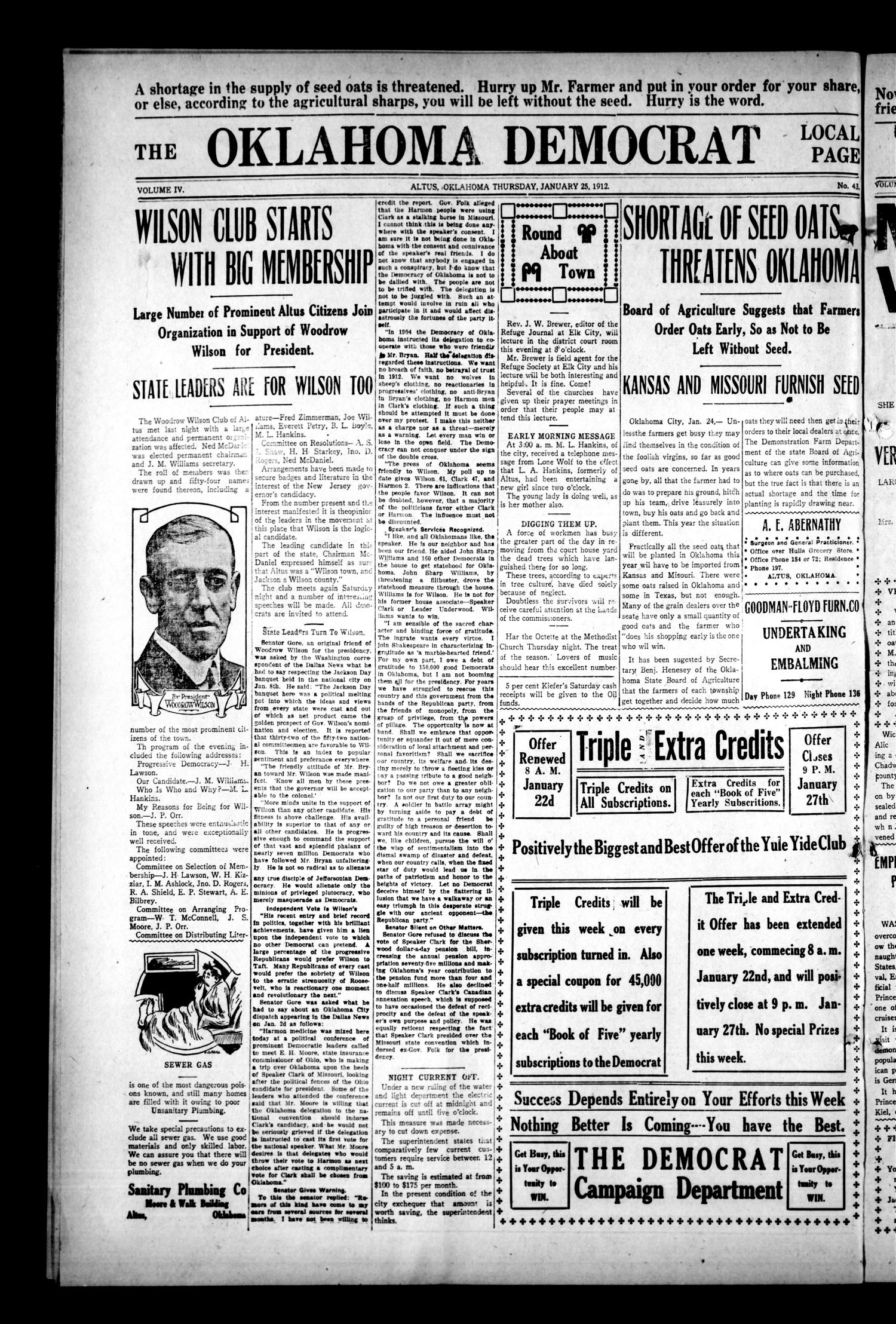 The Oklahoma Democrat (Altus, Okla.), Vol. 5, No. 43, Ed. 2 Thursday, January 25, 1912
                                                
                                                    [Sequence #]: 1 of 7
                                                