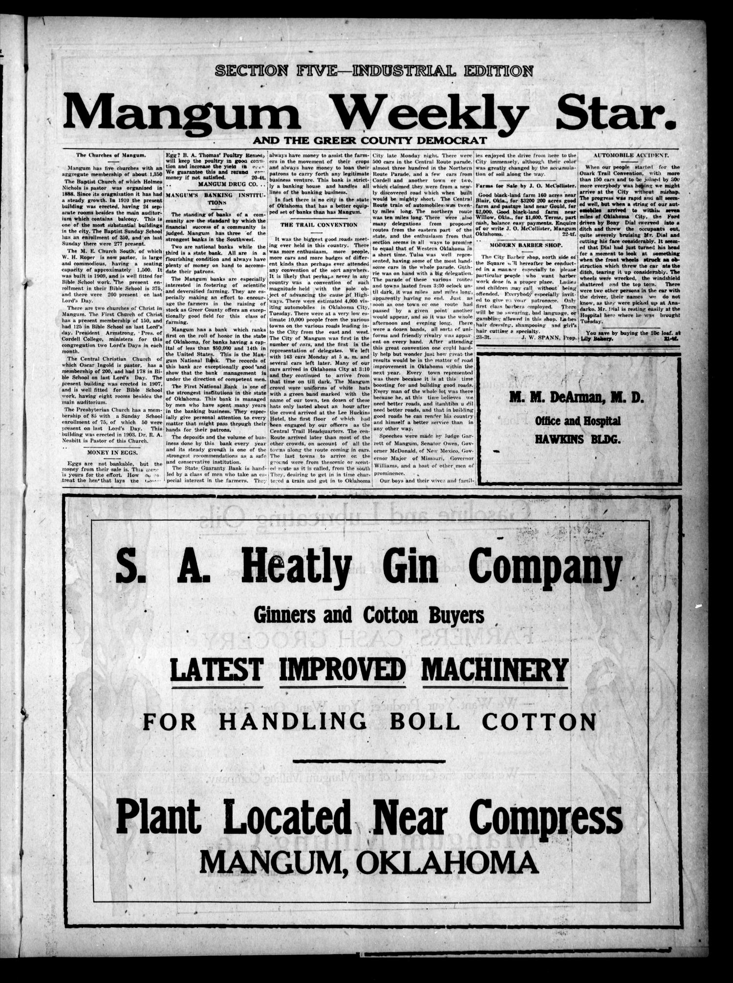 Mangum Weekly Star. and The Greer County Democrat (Mangum, Okla.), Vol. 29, No. 33, Ed. 5 Thursday, November 23, 1916
                                                
                                                    [Sequence #]: 1 of 8
                                                