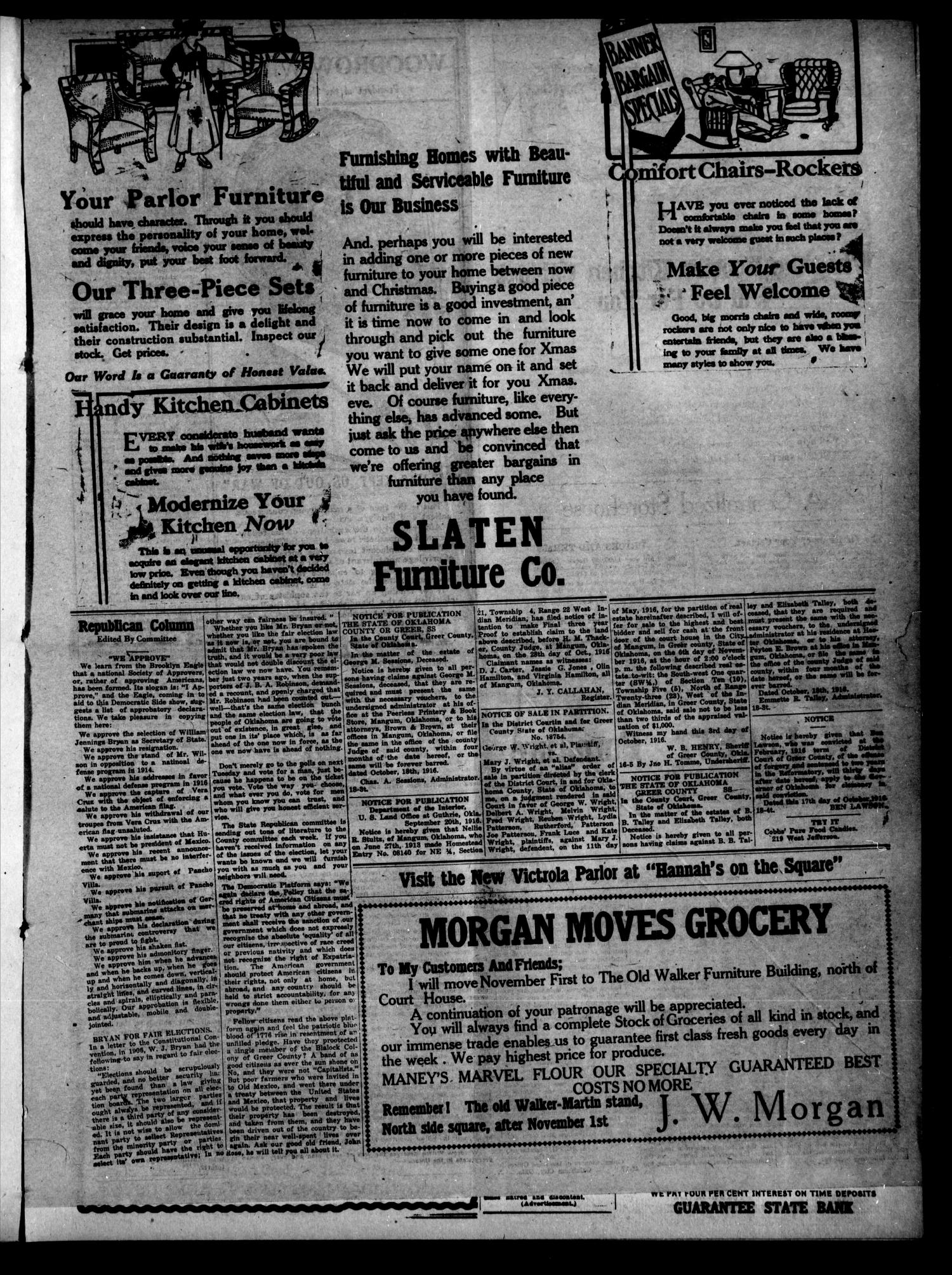 Mangum Weekly Star. and The Greer County Democrat (Mangum, Okla.), Vol. 29, No. 20, Ed. 1 Thursday, November 2, 1916
                                                
                                                    [Sequence #]: 3 of 12
                                                