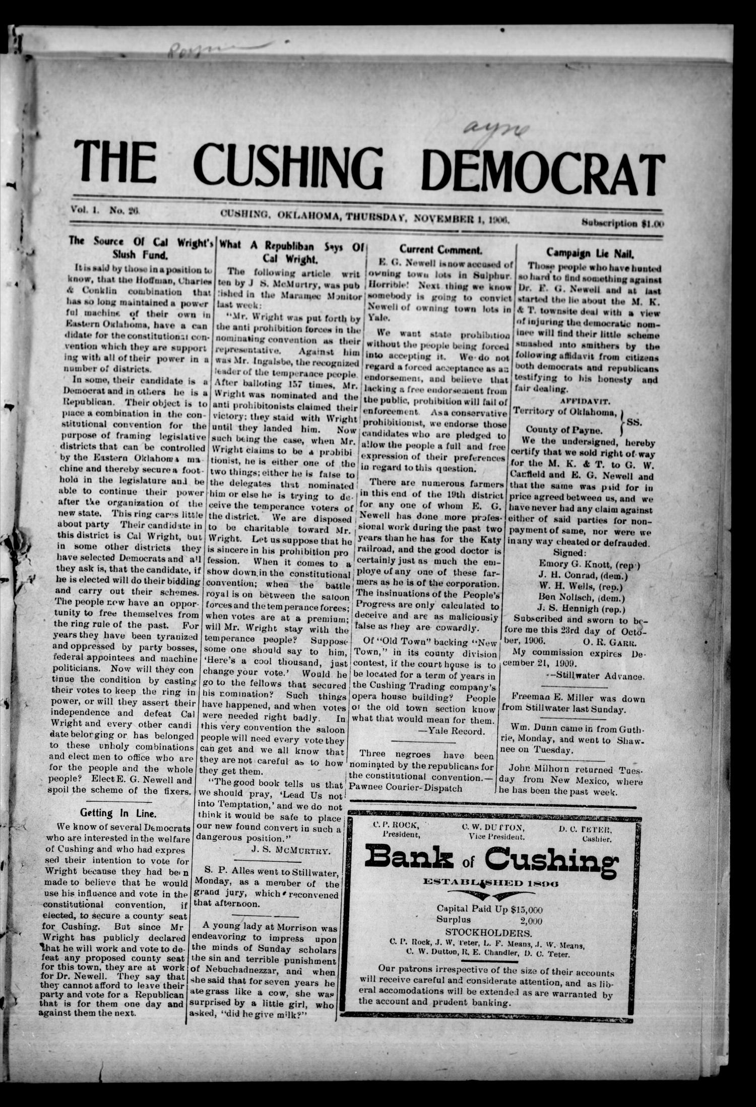 The Cushing Democrat (Cushing, Okla.), Vol. 1, No. 26, Ed. 1 Thursday, November 1, 1906
                                                
                                                    [Sequence #]: 1 of 12
                                                