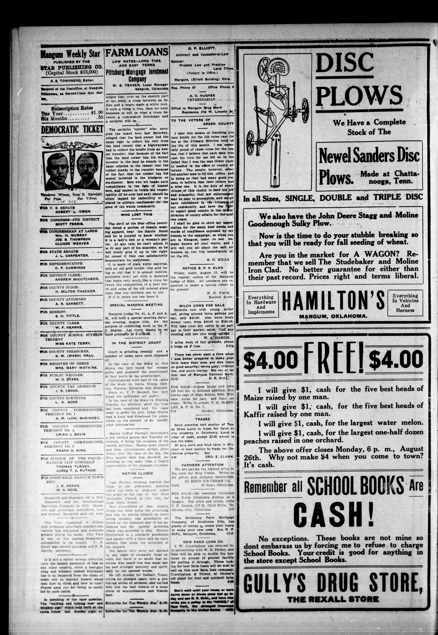 Mangum Weekly Star. (Mangum, Okla.), Vol. 25, No. 9, Ed. 1 Thursday, August 22, 1912
                                                
                                                    [Sequence #]: 4 of 8
                                                