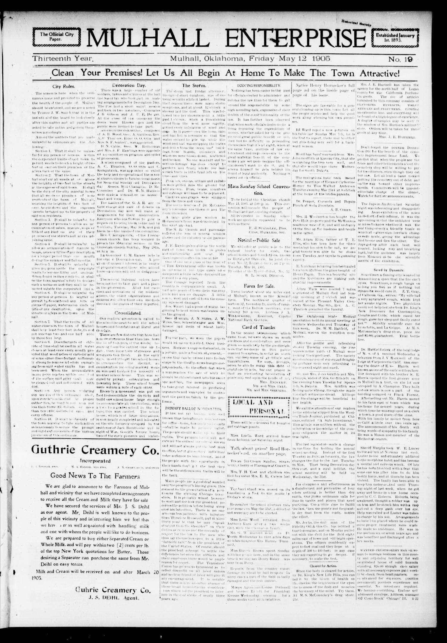 Mulhall Enterprise (Mulhall, Okla.), Vol. 13, No. 19, Ed. 1 Friday, May 12, 1905
                                                
                                                    [Sequence #]: 1 of 8
                                                